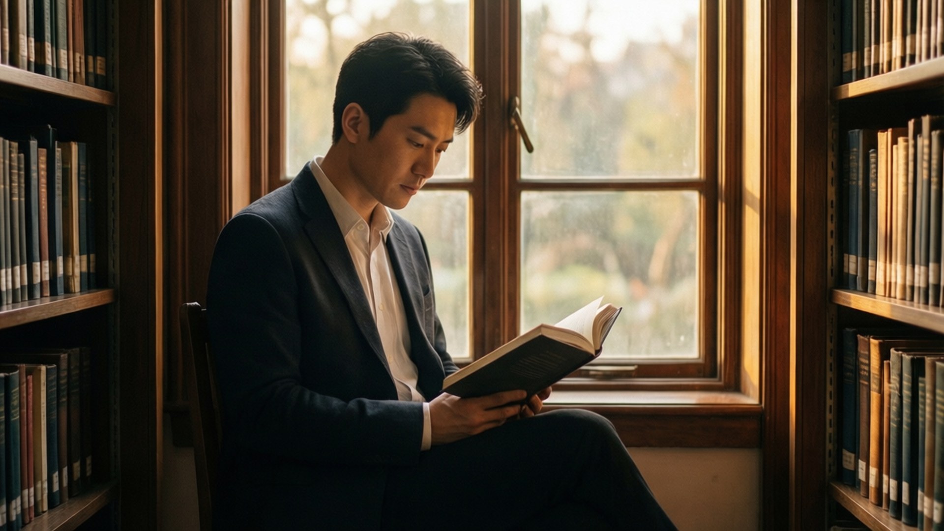Library Scholar 壁紙 — 一名身穿深色西裝的男子在陽光照射的窗邊閱讀一本書，窗框由裝滿書本的木製書架環繞。