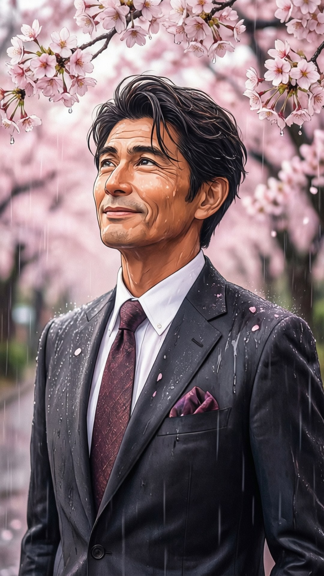 Cherry Blossom Elegance 壁紙 — 一名身穿深色西裝的男子站在飄落的櫻花下，雨滴在他的外套和花瓣上閃閃發光。