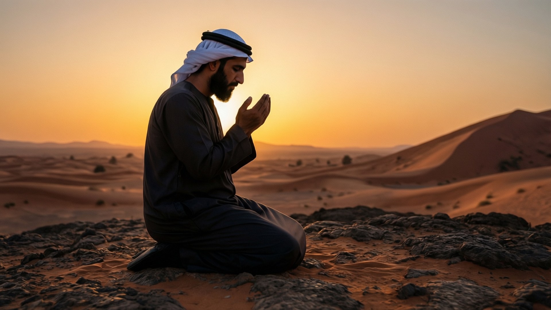 Islamic Black 桌布 壁紙 — 一名身穿傳統服飾的男子在金色日落時分，跪在岩石沙漠沙丘上祈禱。
