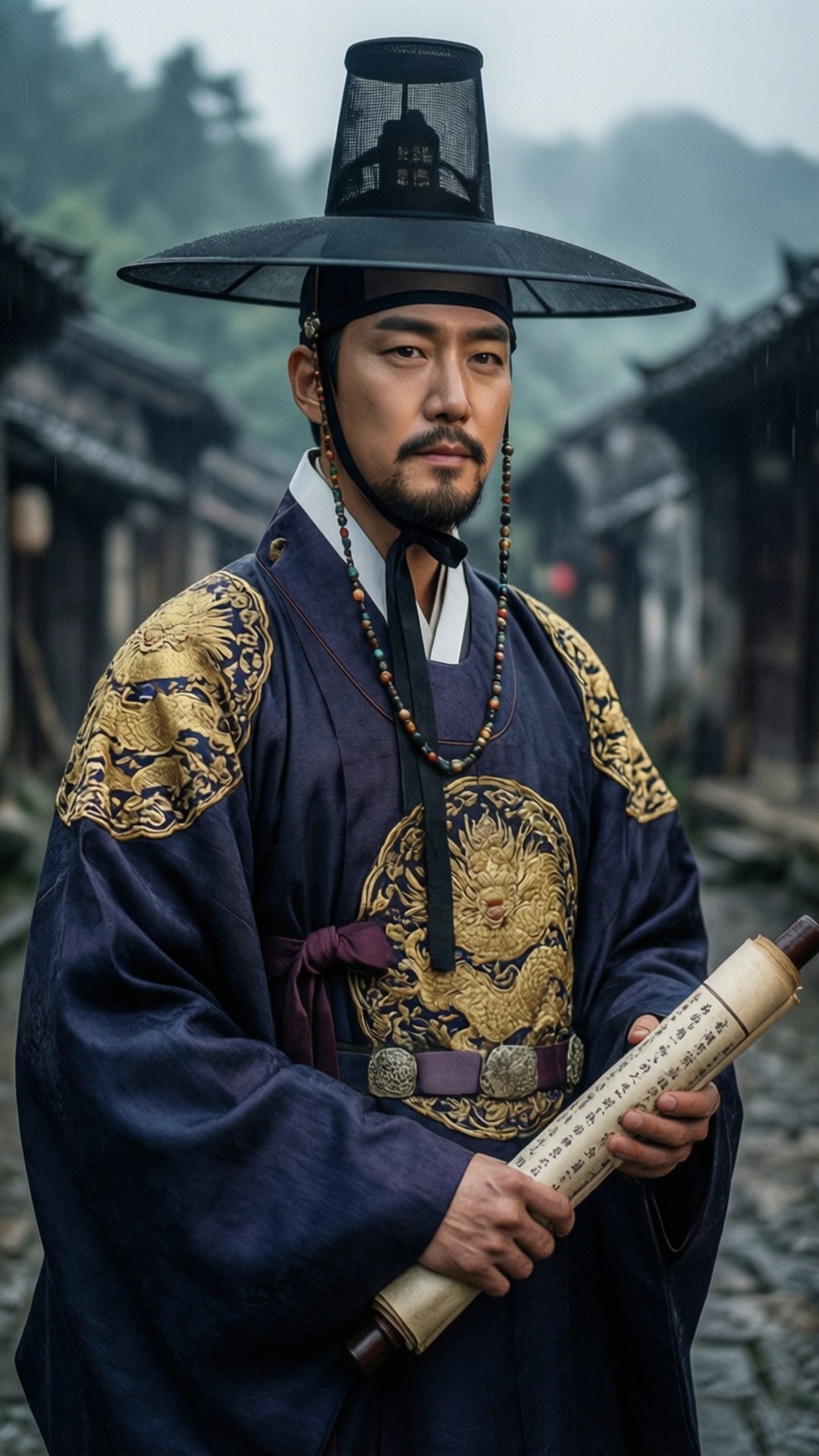 Timeless Scholar 壁紙 — 一名身穿華麗深藍色傳統韓國長袍、繡有金龍刺繡的男子，在煙霧瀰漫的古老小巷中，頭戴黑帽，手持卷軸。