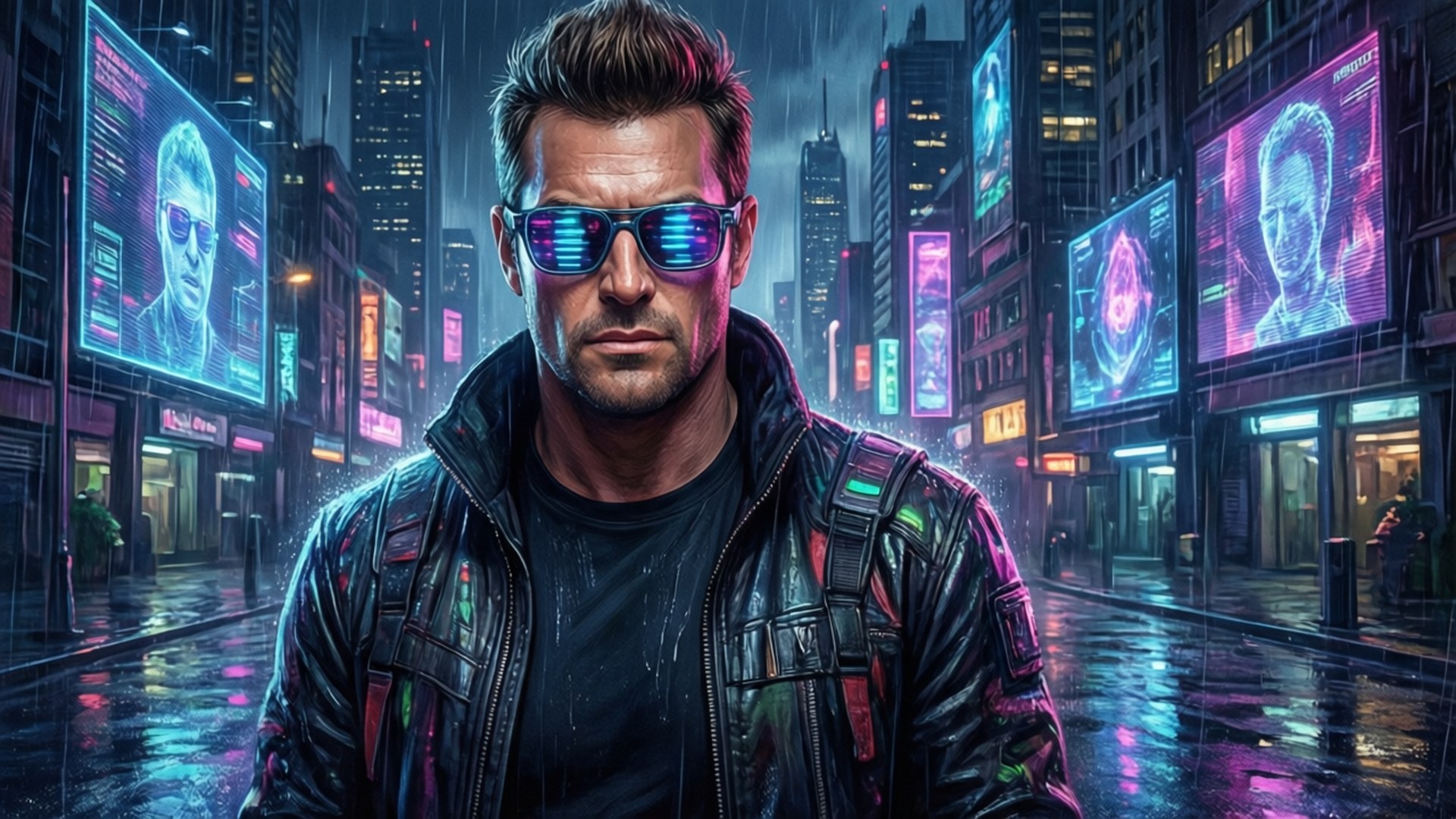 Johnny Bravo Cyberpunk 壁紙 — 一個穿著濕皮夾克和反光太陽眼鏡的男人站在一個霓虹燈照亮、雨水浸濕的賽博龐克城市景觀中，周圍是高聳的數位廣告看板。
