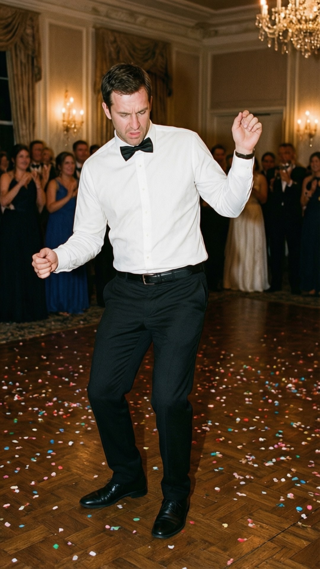 Chandler's Dance 壁紙 — 一名身穿白襯衫和黑色蝴蝶結的男子在優雅的舞廳中，在佈滿五彩紙屑的木地板上充滿活力地跳舞。