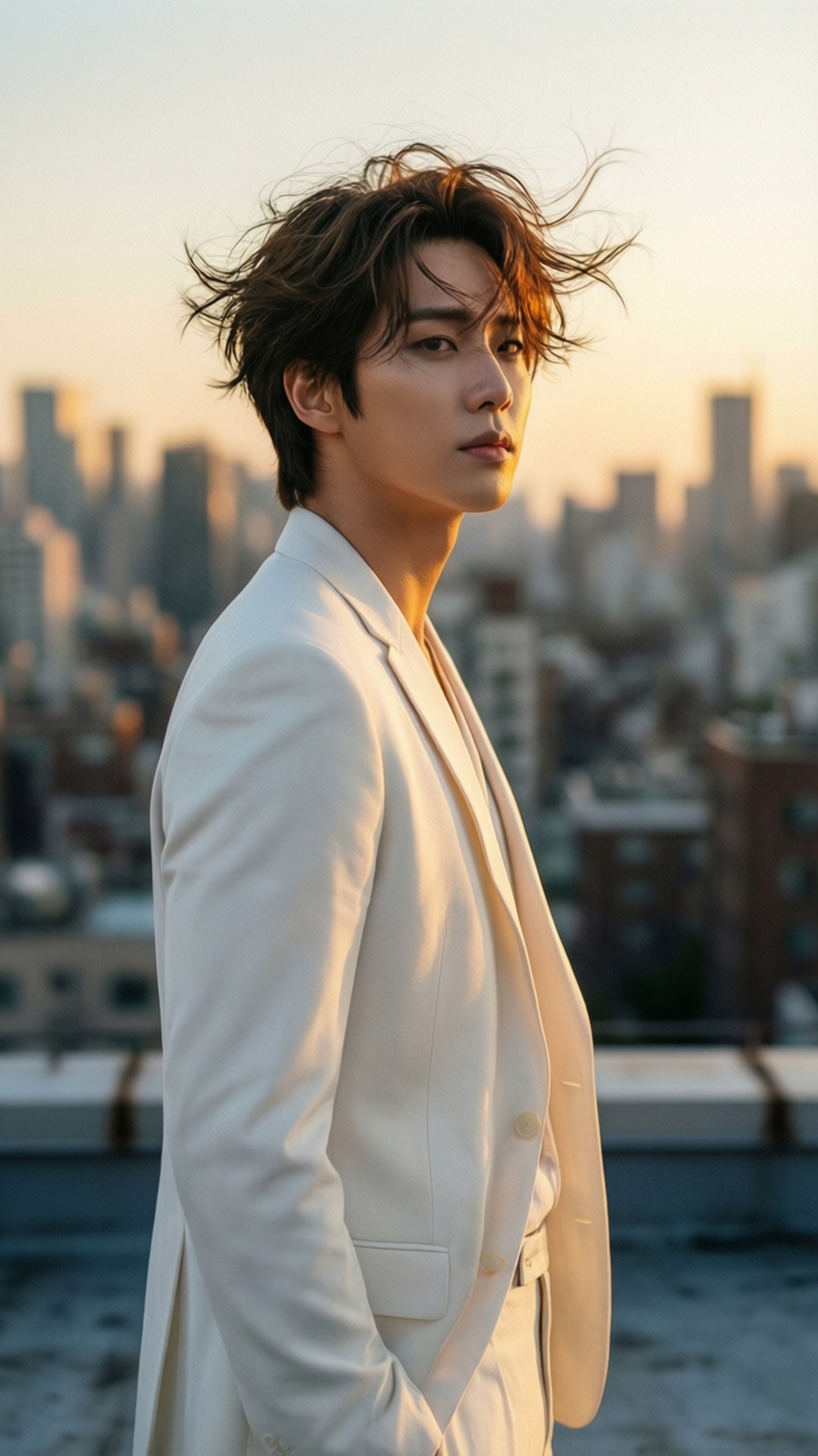 Rooftop Golden Hour 壁紙 — 一個穿著白色西裝的男人站在屋頂上，風吹亂他的頭髮，背景是金色的日落城市景觀。