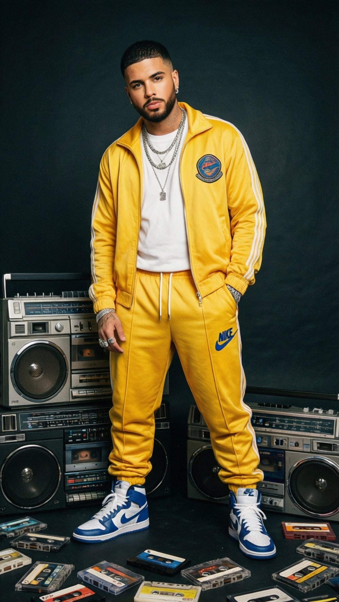 90s Retro Balvin 壁紙 — 一個穿著亮黃色Nike運動服的男人自信地站在兩個復古音箱之間，地上散落著卡式錄音帶。