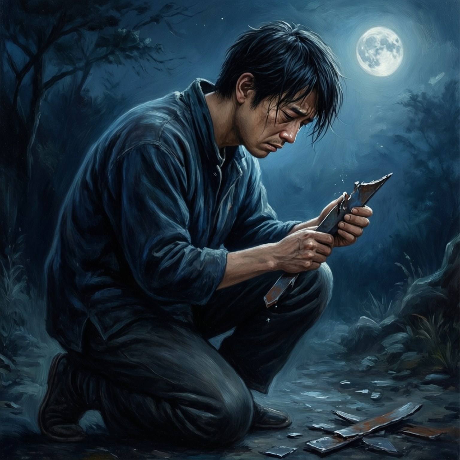 世界的重量 壁紙 — 一個男人跪在月光照耀的森林中，在滿月下握著破碎的金屬，滿月投下詭異的藍色陰影。