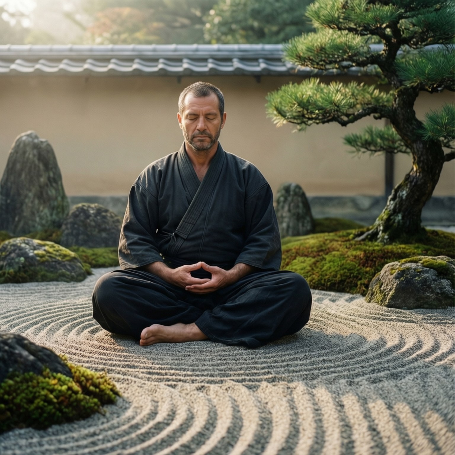 Ronin 桌布 壁紙 — 一名身穿黑色長袍的男子在一個寧靜的日本枯山水庭園中平靜地冥想，庭園中有耙過的礫石和苔蘚。