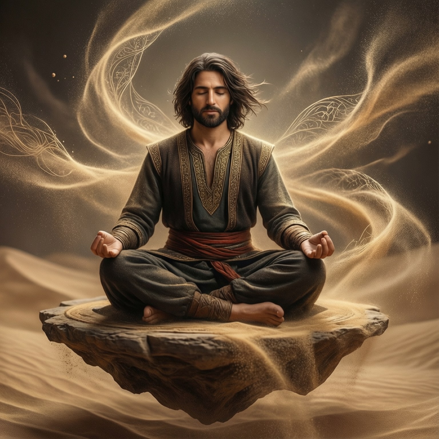 波斯王子 桌布 壁紙 — 一位寧靜的男子在浮石上盤腿冥想，金色能量在他周圍旋轉，背景是神秘的沙漠天空。