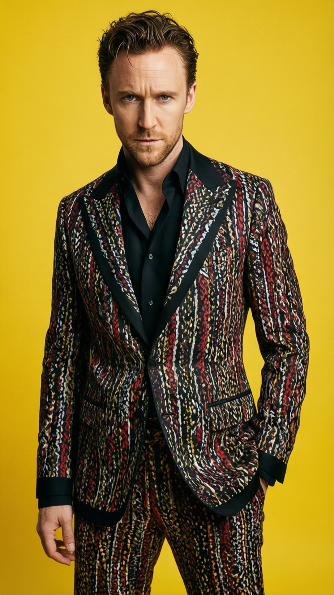 GQ Studio Fashion 壁紙 — 一個穿著大膽圖案西裝、黑色翻領的男人自信地站在鮮黃色背景前。