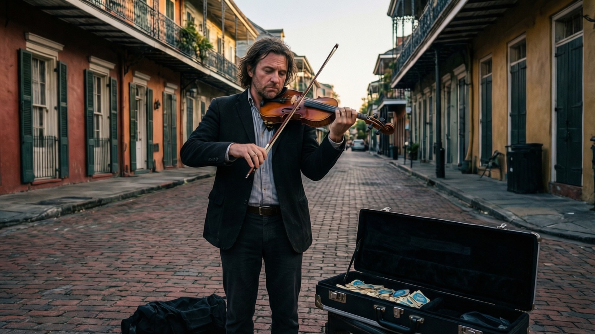 Violinist on Royal Street 壁紙 — 一名身穿深色西裝的男子在黃金時段，在兩旁色彩繽紛的歷史建築的鵝卵石街道上拉小提琴。