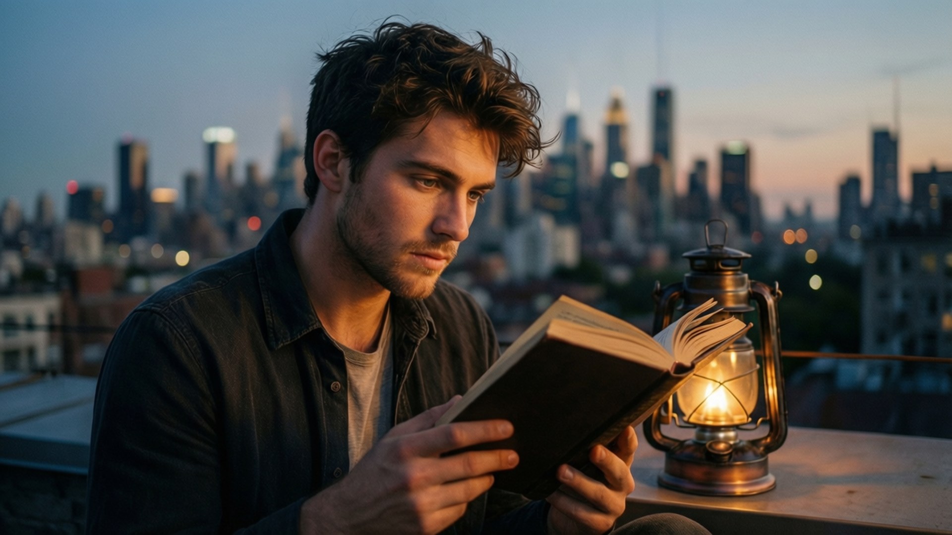 Rooftop Evening Read 壁紙 — 一個男人在屋頂上，在發光的燈籠下看書，背景是黃昏的城市天際線。