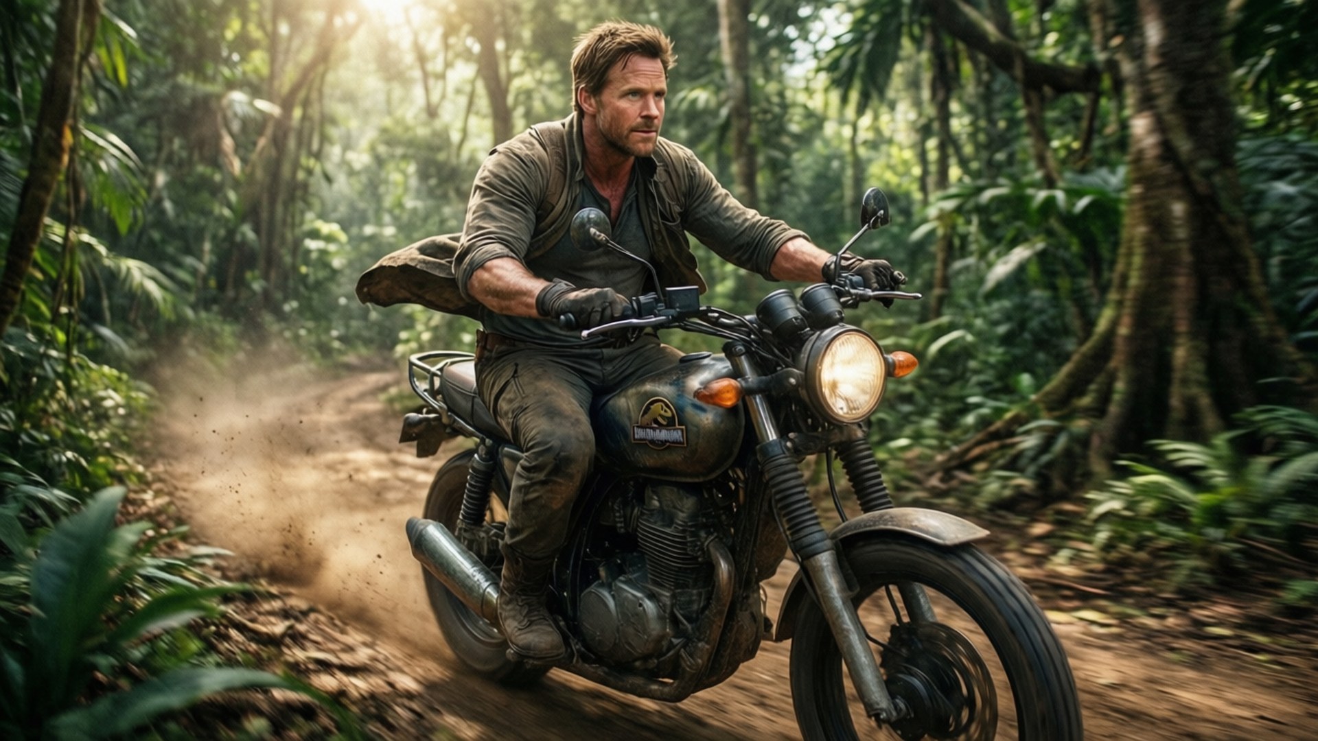 Owen Grady Motorcycle 壁紙 — 一個男人騎著堅固的摩托車穿過陽光普照的叢林小徑，揚起灰塵。