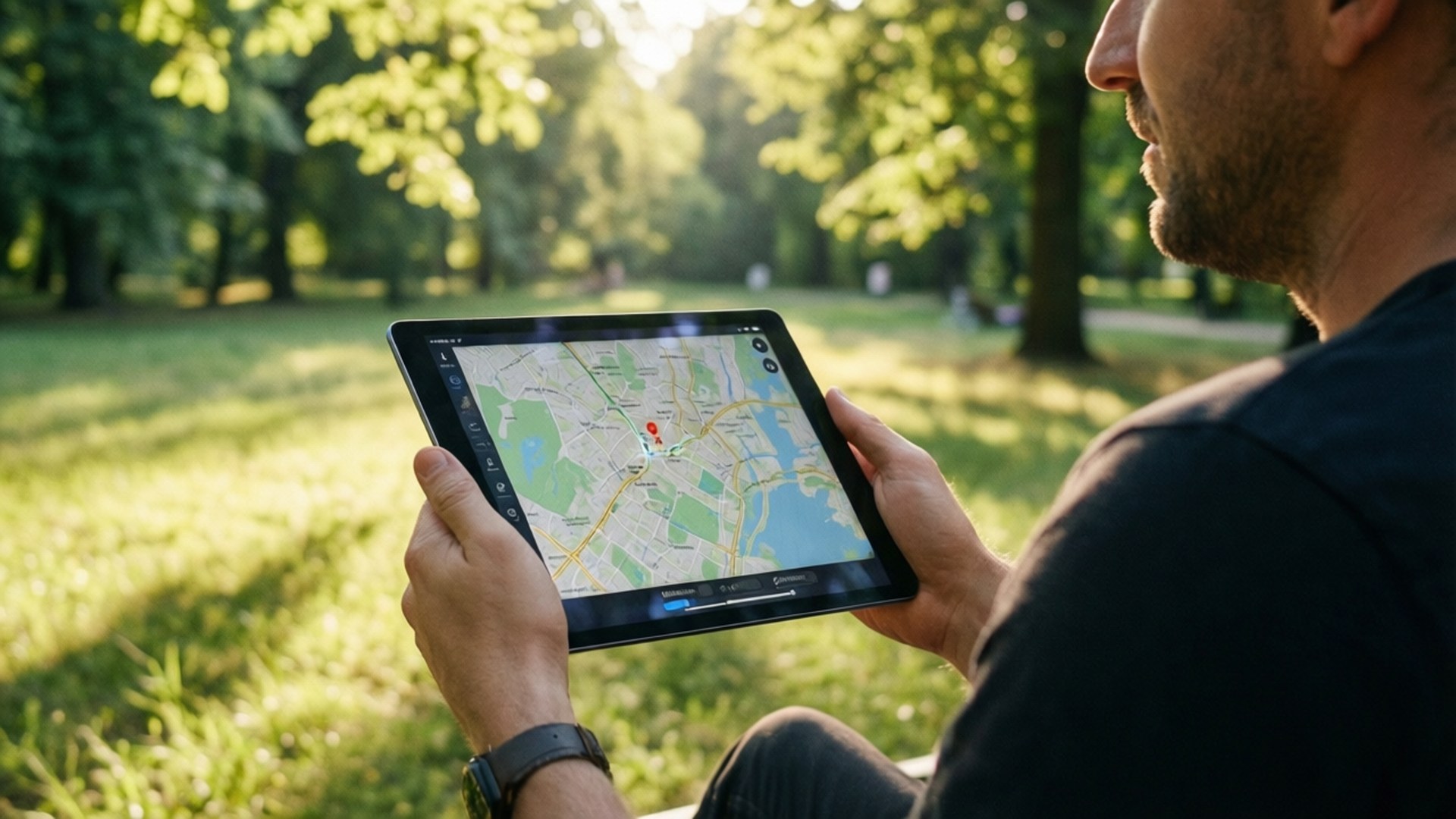 Tablet Outdoor Map 壁紙 — 一名男子坐在陽光普照的公園裡，手持平板電腦，顯示帶有紅色圖釘標記位置的地圖。