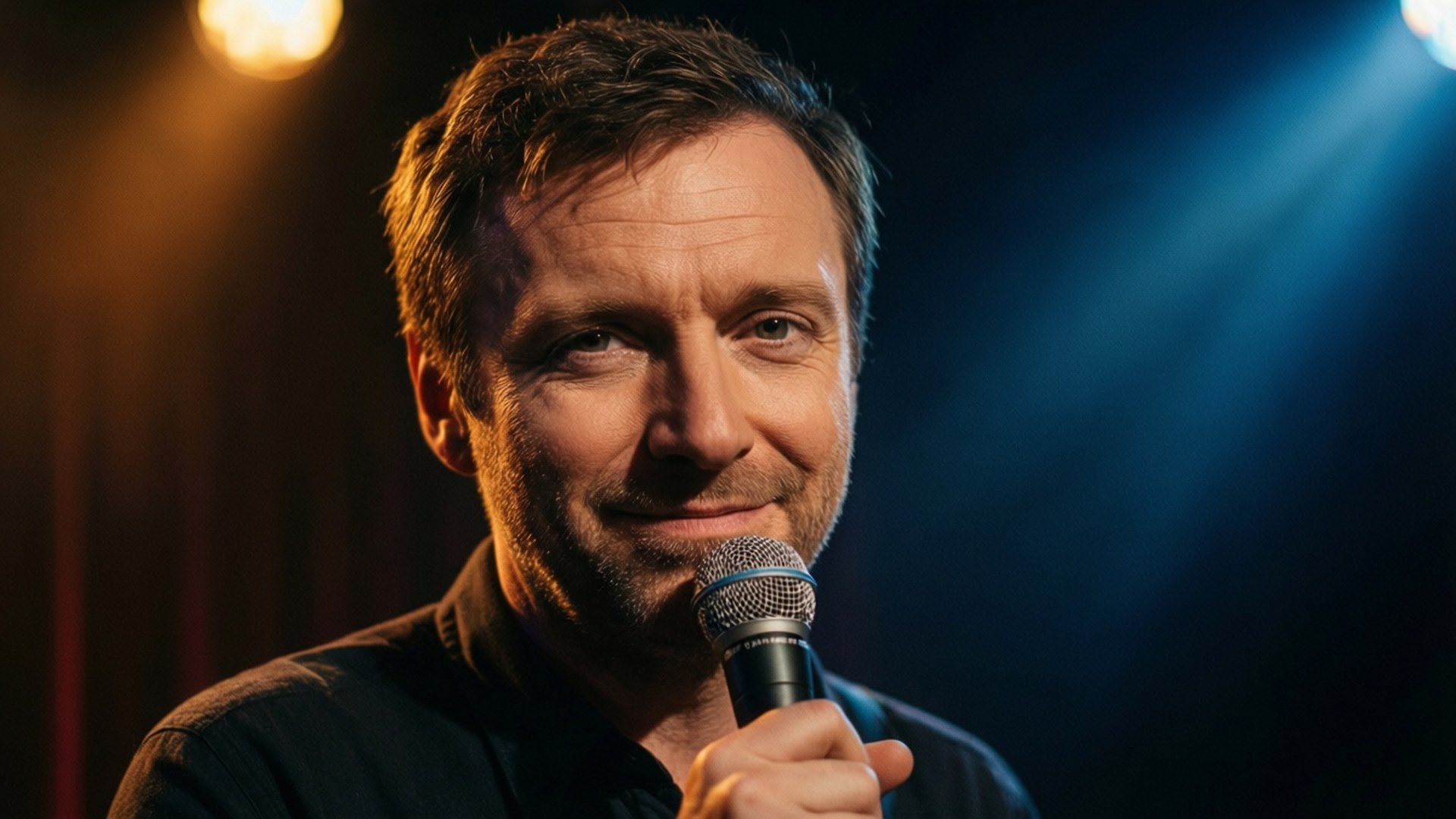 ricky gervais 桌布 壁紙 — 一個男人帶著溫暖的笑容，在戲劇性的舞台燈光下，對著深色窗簾背景握著麥克風。