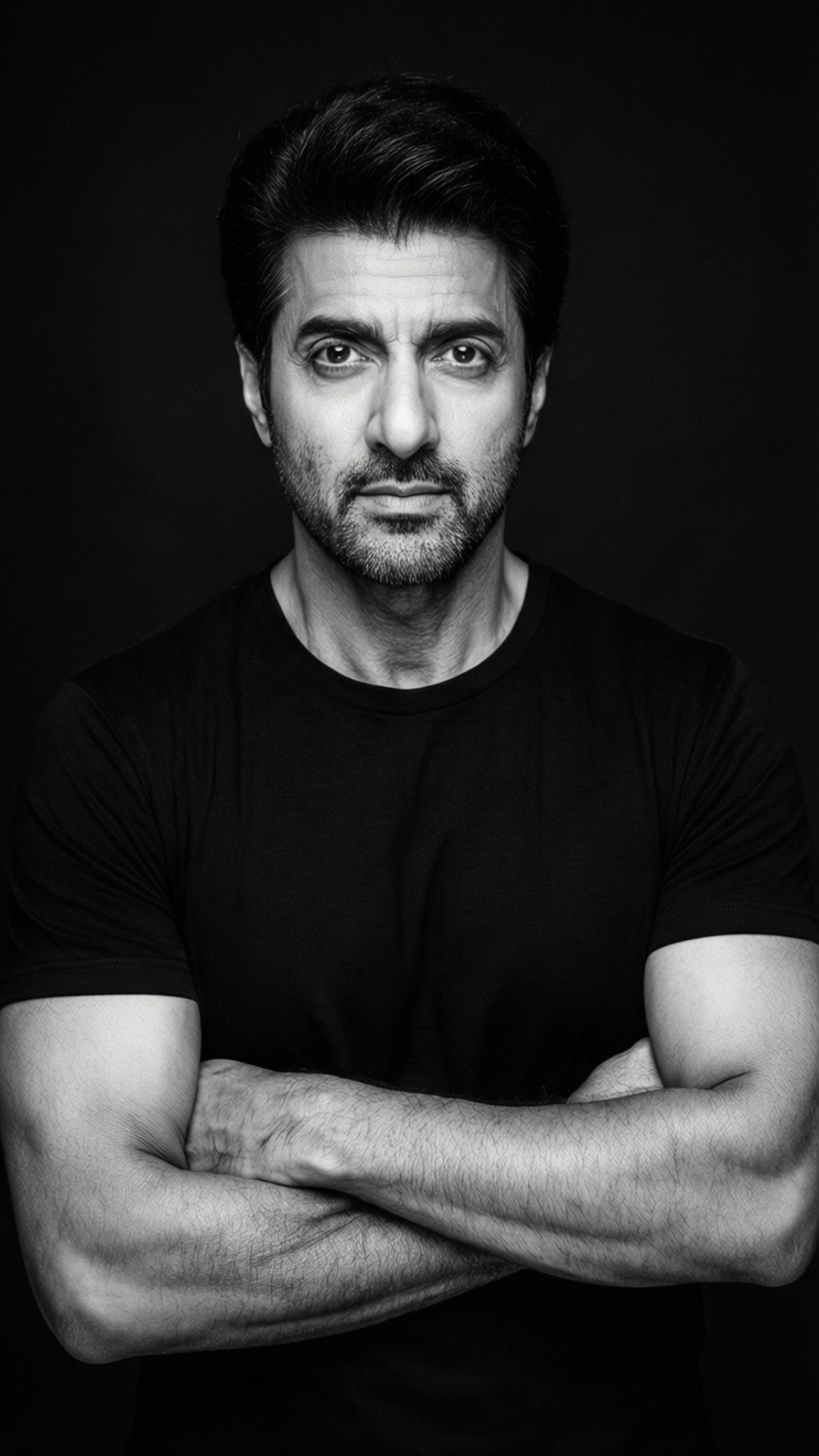 Intense Salman Khan B&W 壁紙 — 一個留鬍鬚的男人，眼神銳利，站在黑色背景前，穿著黑色T恤，雙臂交叉。