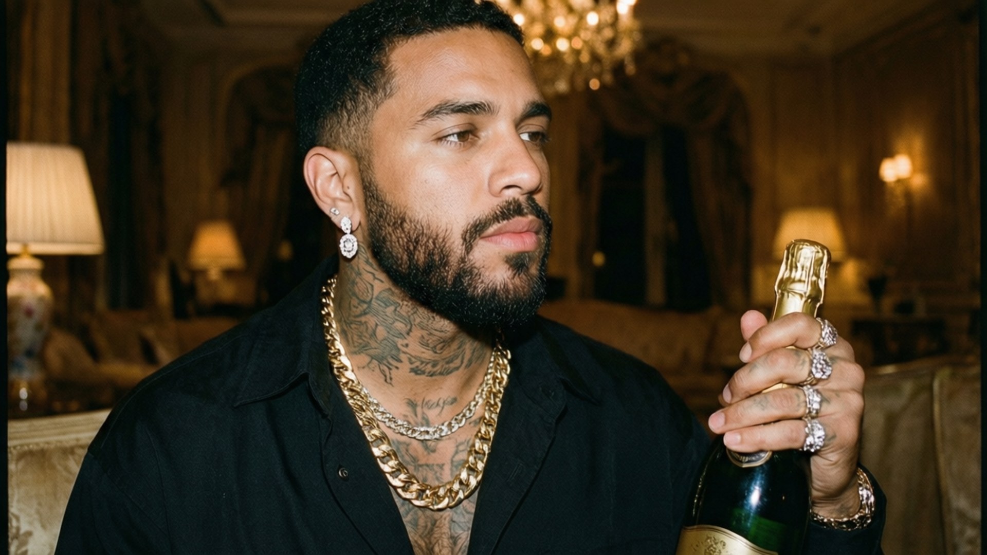 Luxury Gold Chain 壁紙 — 一個留鬍子、有刺青的男人戴著金鏈，在一個豪華、燈光溫暖的房間裡拿著一瓶香檳。