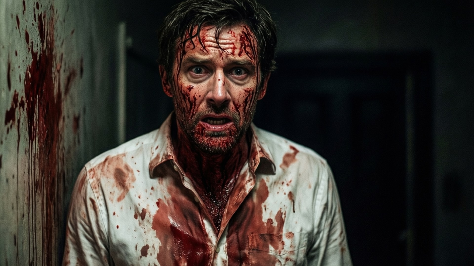 Bloody Horror Hugh 壁紙 — 一名滿臉鮮血、襯衫沾血的男人，驚恐地凝視著一面沾滿深紅色飛濺物的黑暗牆壁。