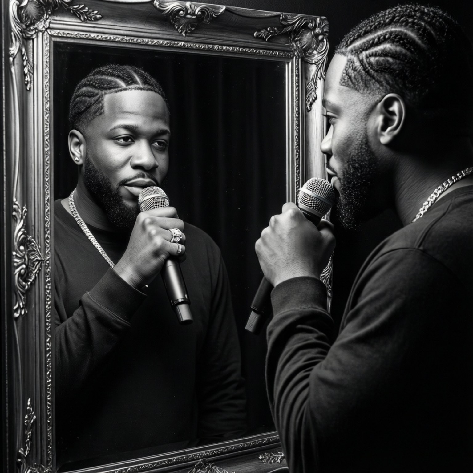 Mirror Reflection 壁紙 — 一個紮辮的男人將麥克風放在嘴邊，同時凝視著自己在華麗銀框鏡中的倒影。