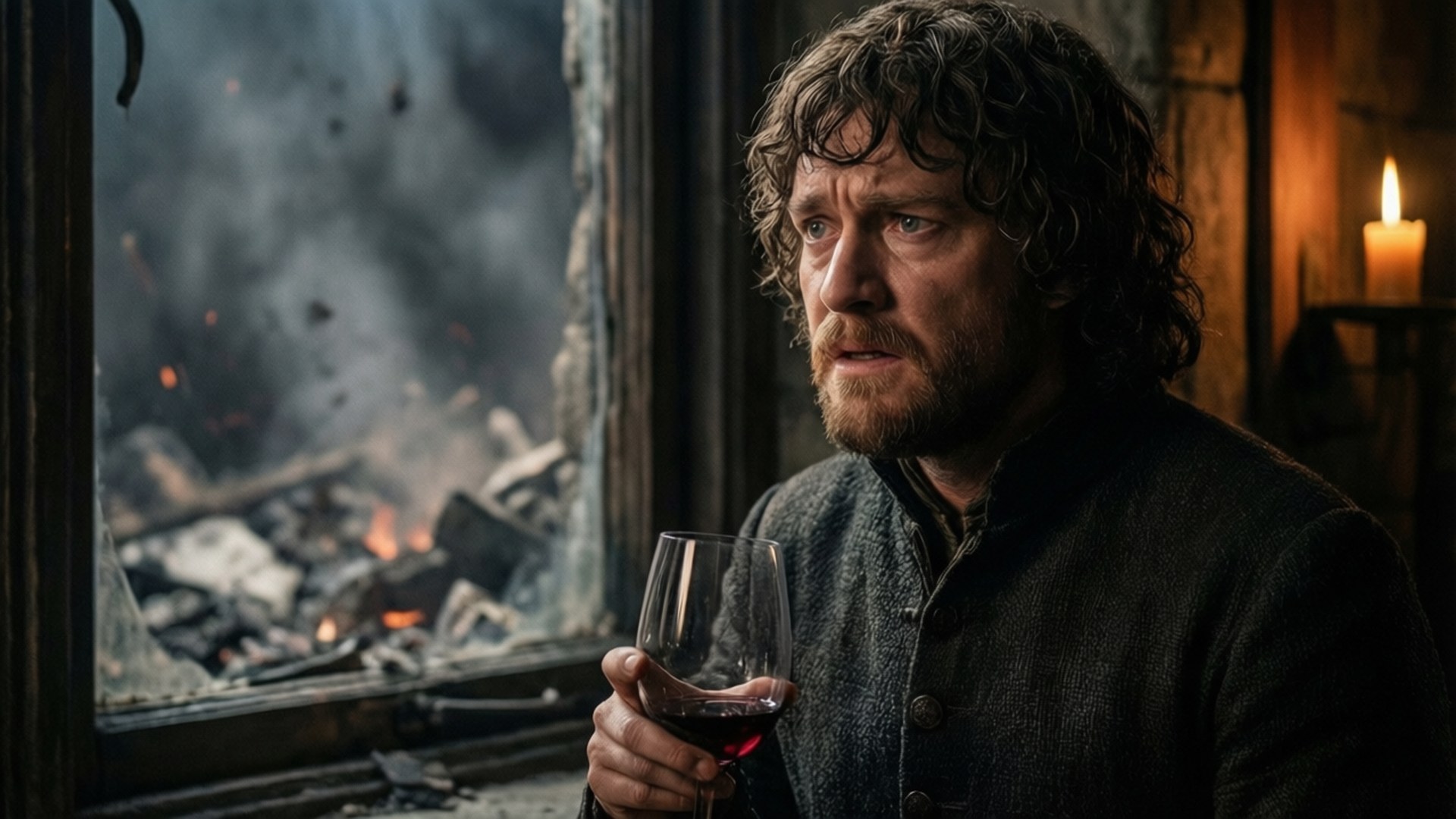 Tyrion's Reflection 壁紙 — 一個捲髮鬍鬚的男人拿著一杯紅酒，透過破窗看著冒煙和餘燼的燃燒廢墟。