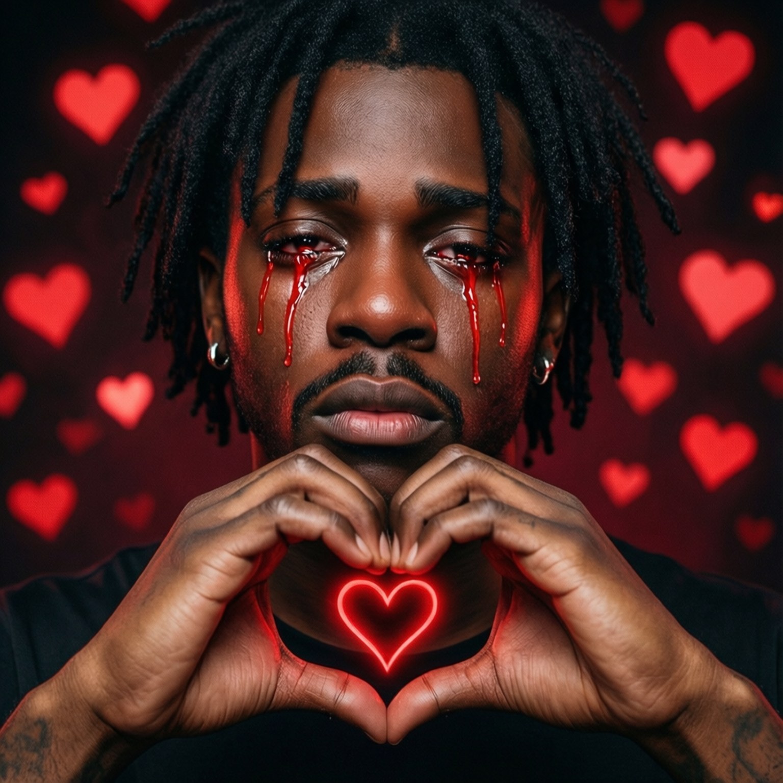 Red Tears 壁紙 — 一個留著辮子、流著血淚的男人，在漂浮的紅心背景下，用雙手形成一個發光的紅心。