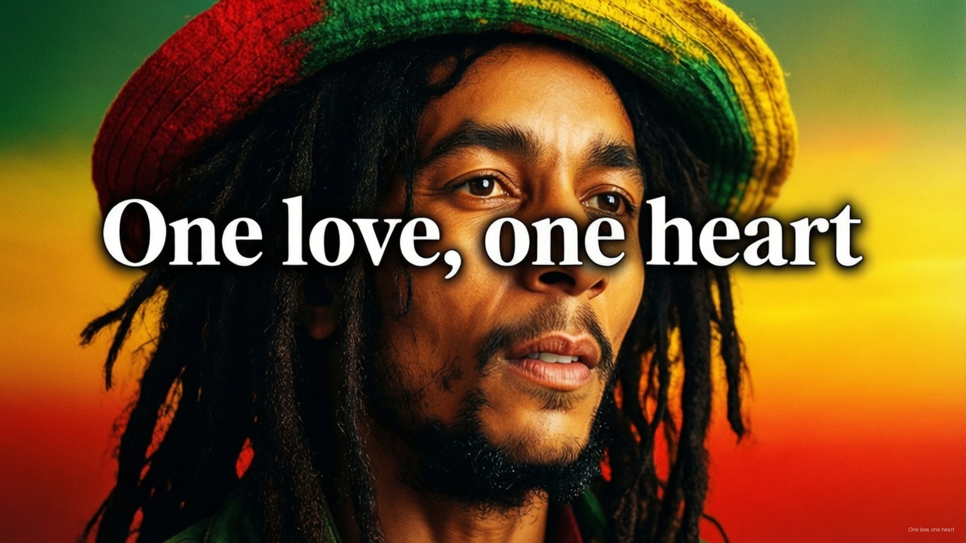 One Love Sunset Portrait 壁紙 — 一個有辮子頭和紅綠黃帽子的男人凝視前方，背景是漸變日落，上面疊加著文字 one love one heart。