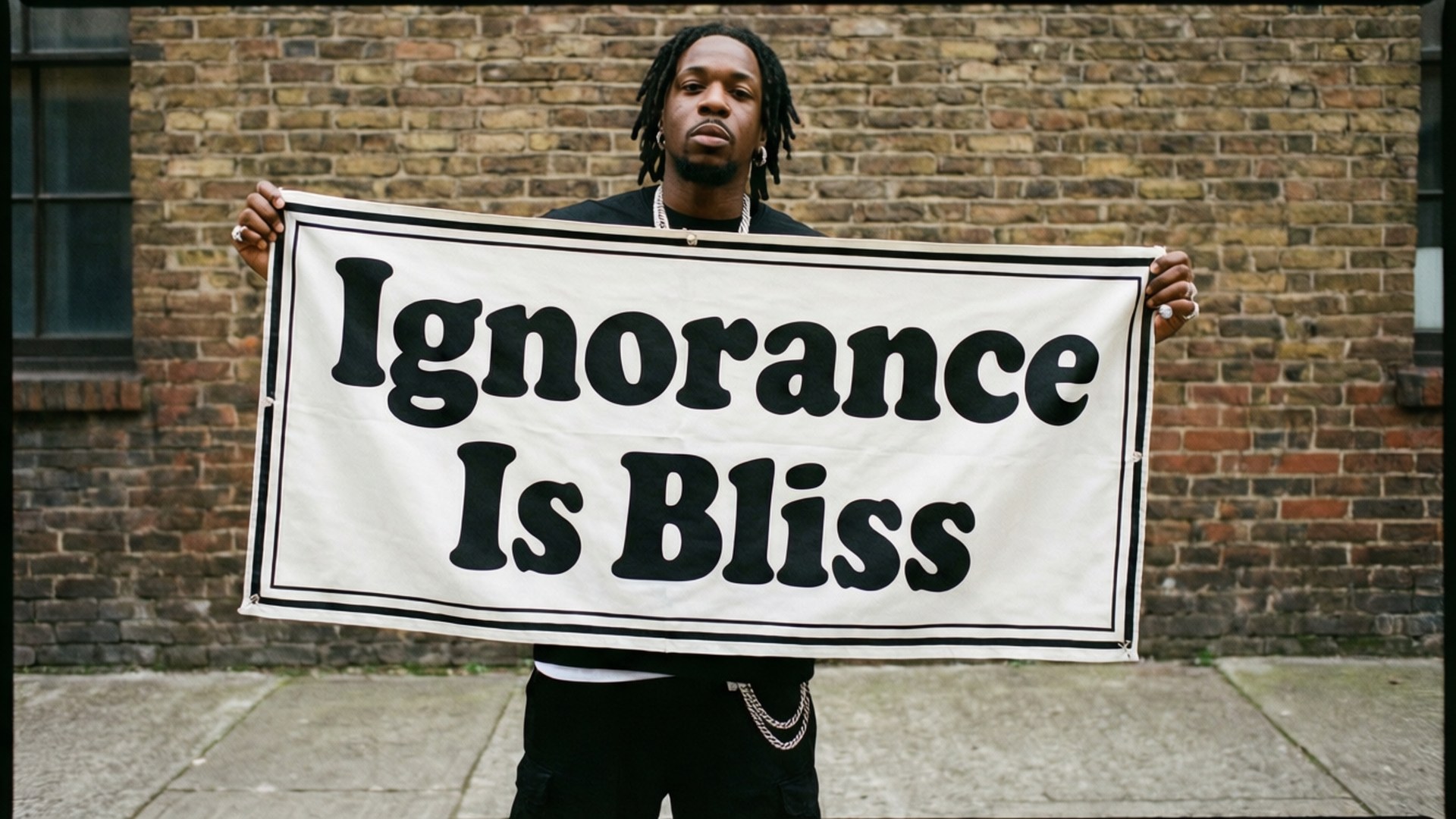 Banner Message 壁紙 — 一名留著辮子頭的男子，在風化的磚牆前舉著寫有「Ignorance Is Bliss」的白色橫幅。
