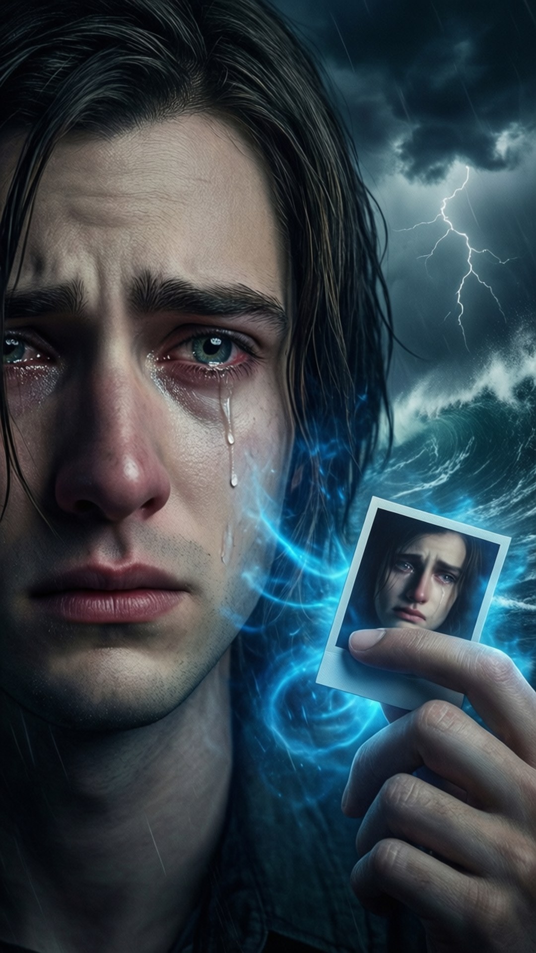 Emotional Max 壁紙 — 一個滿臉淚痕的男人拿著一張照片，背後閃電劃破暴風雨中的海浪。