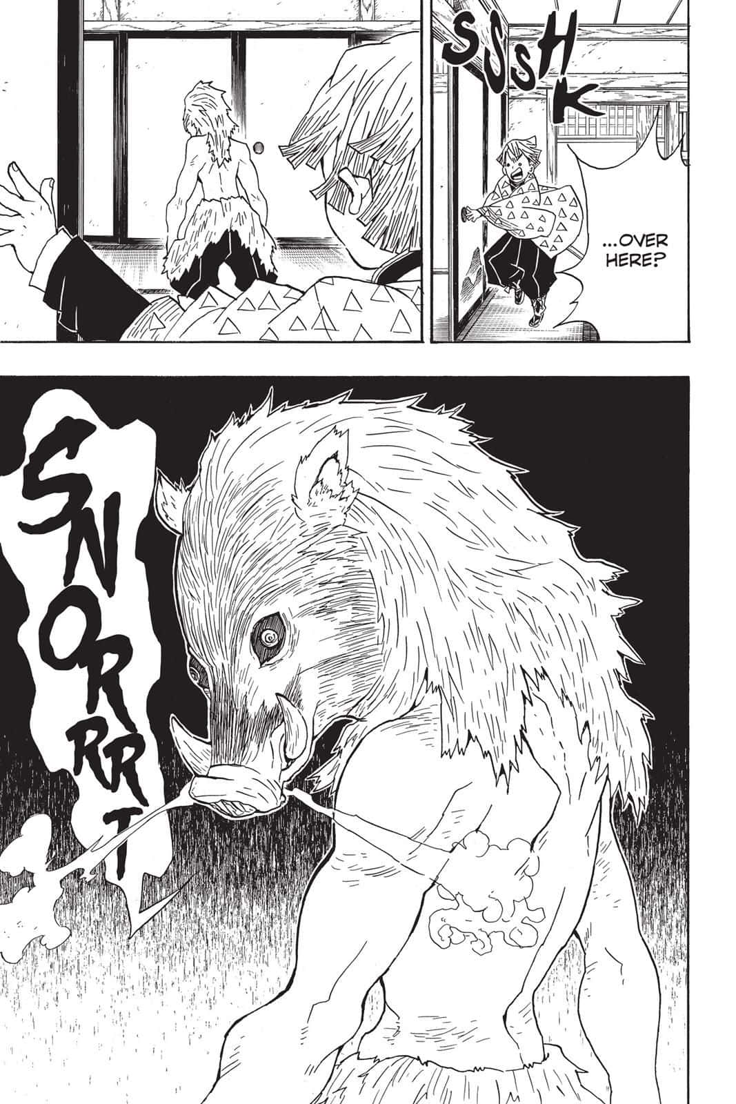  壁紙 — 漫畫格中顯示一隻怪物般的野豬惡魔噴出煙霧，而一個角色驚慌地大叫。