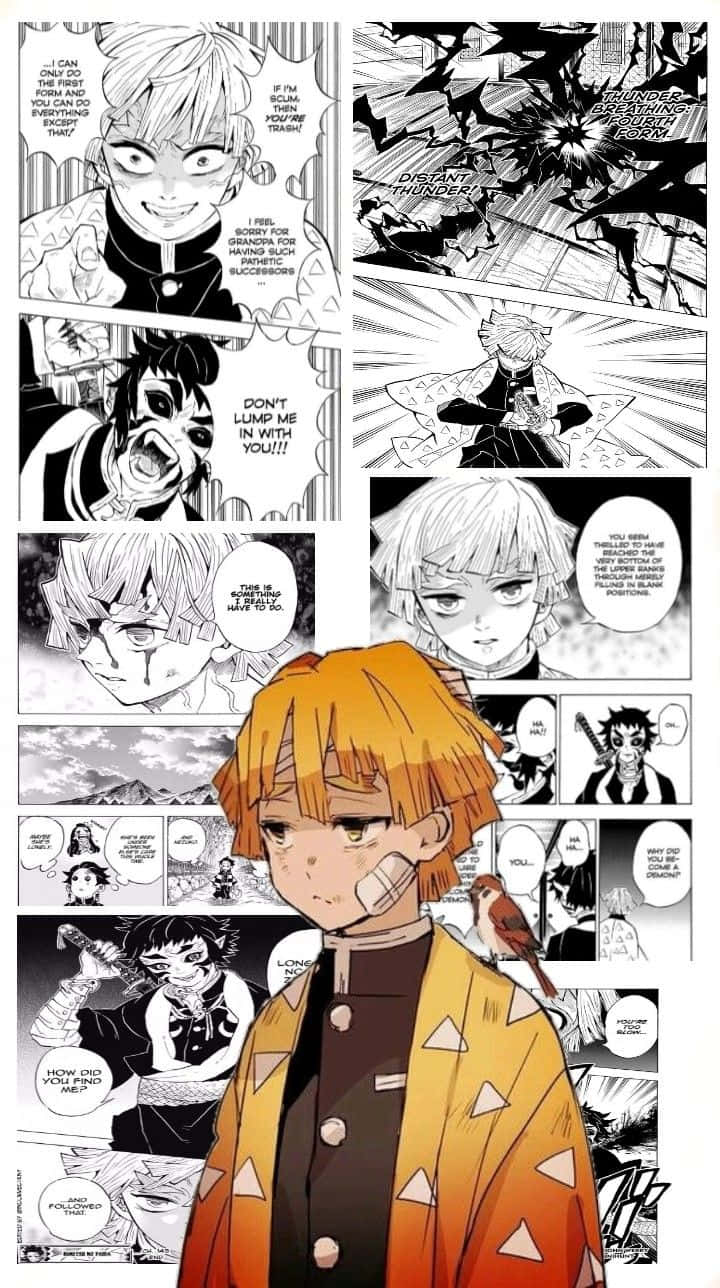  壁紙 — 一個漫畫面板，描繪一個橙色頭髮、臉頰纏著繃帶的年輕男孩，周圍是戲劇性的黑白動作場景和對話氣泡。