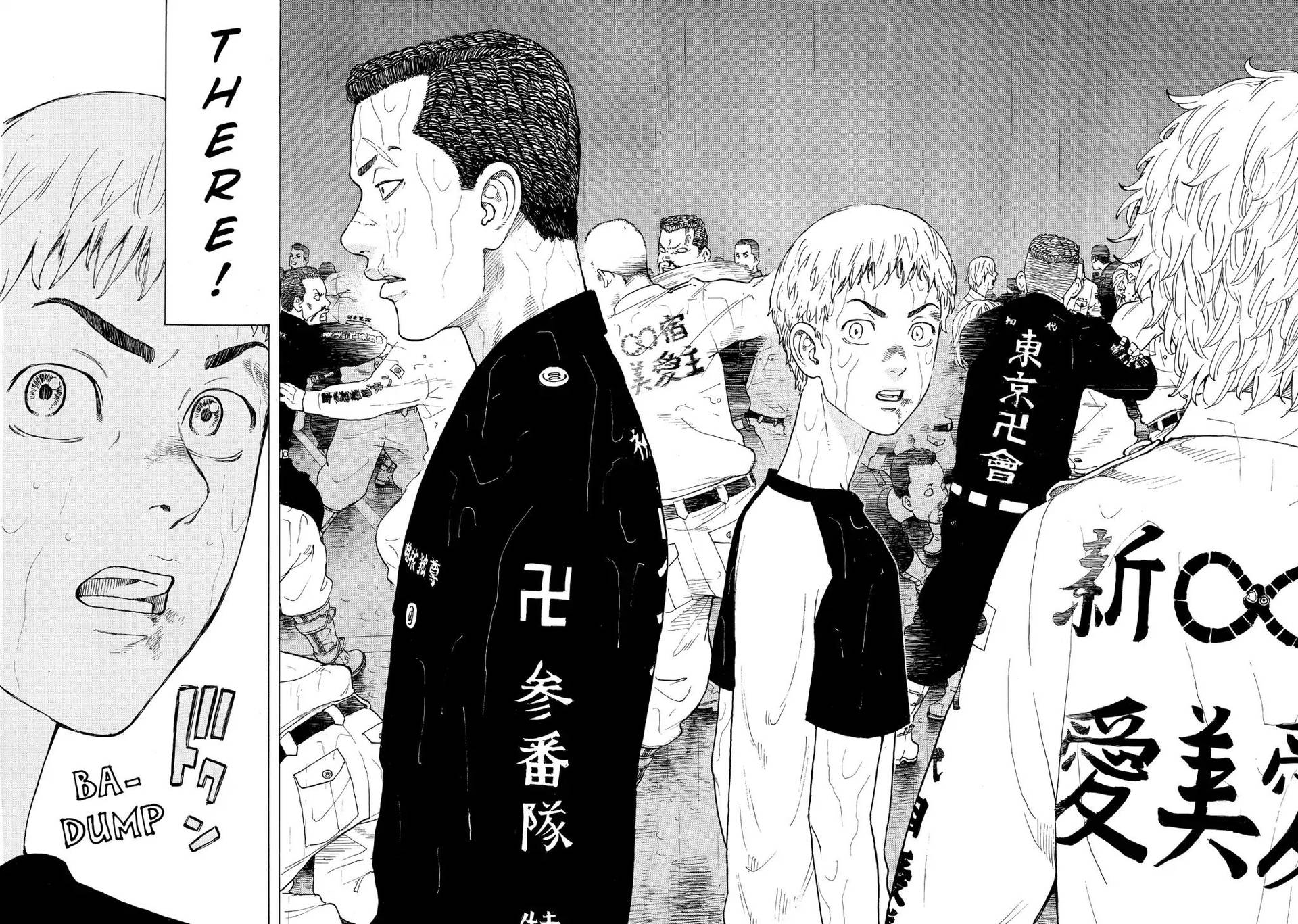 漫畫格中一個大喊的角色指著一群穿著漢字外套的緊張人群。 — 東京卍復仇者漫畫 壁紙