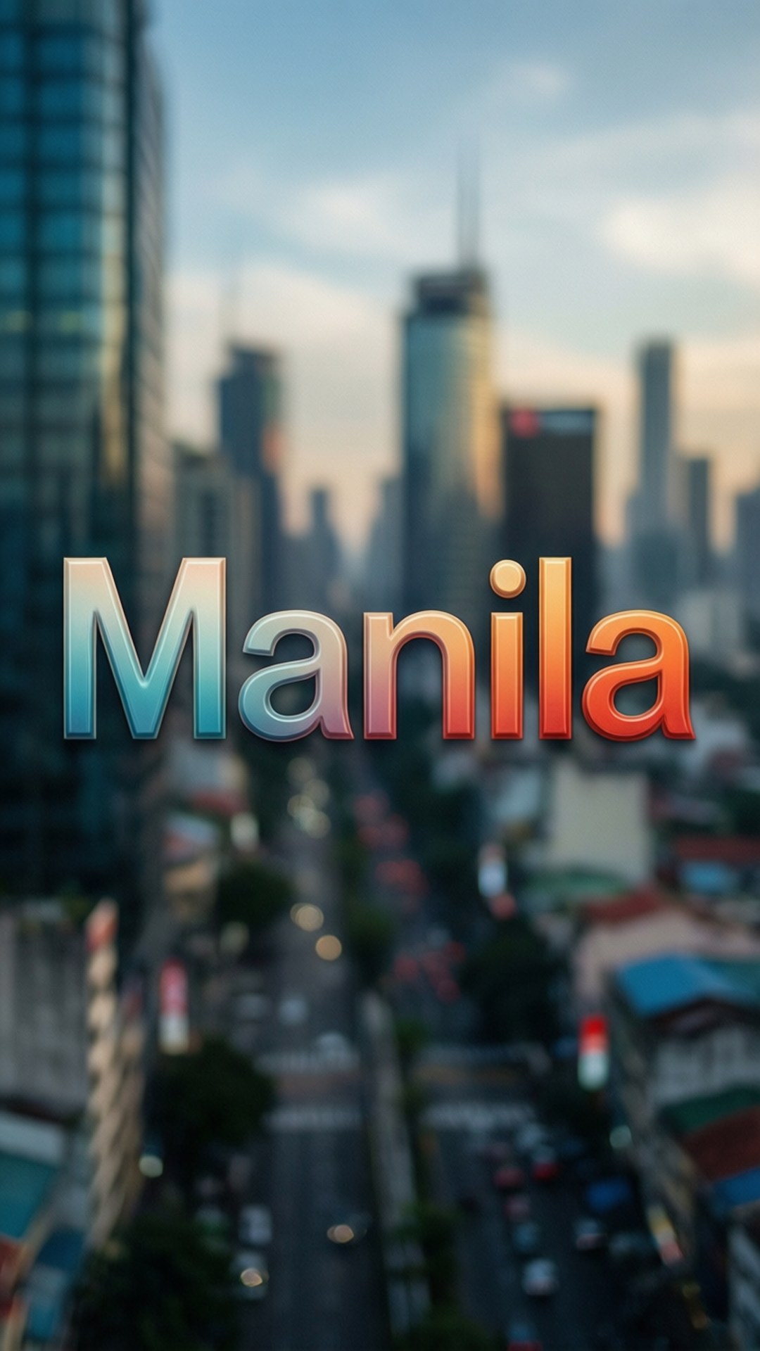 Manila Typography 壁紙 — 「馬尼拉」一詞在黃金時段的高樓大廈和繁忙街道的模糊城市景觀上以漸變文字發光。