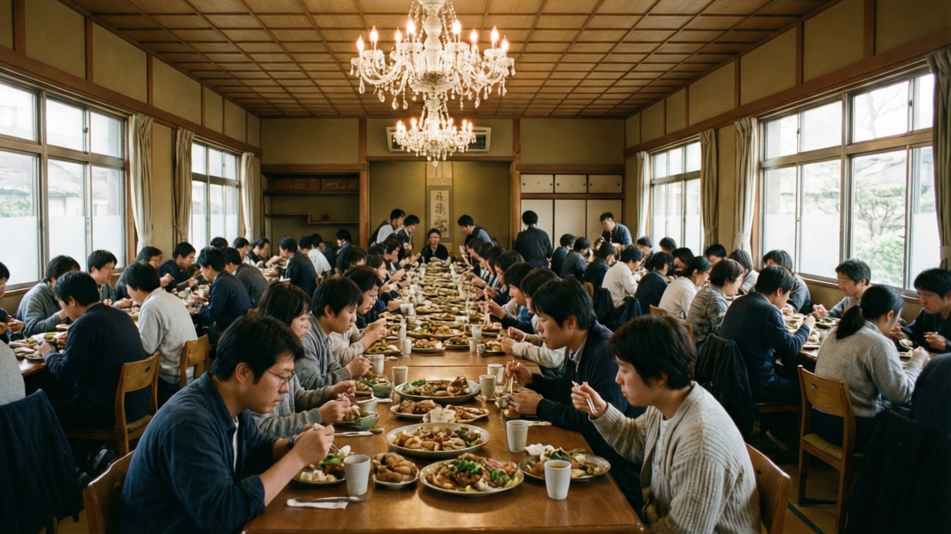 Boarding House Dining 壁紙 — 許多人在明亮的傳統日本食堂中，在水晶吊燈下的長木桌上一起用餐。