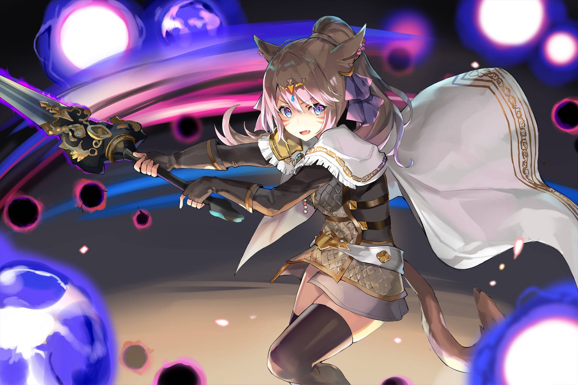 貓耳動漫戰士少女揮舞發光的劍，被魔法球環繞。 — 最終幻想14 壁紙