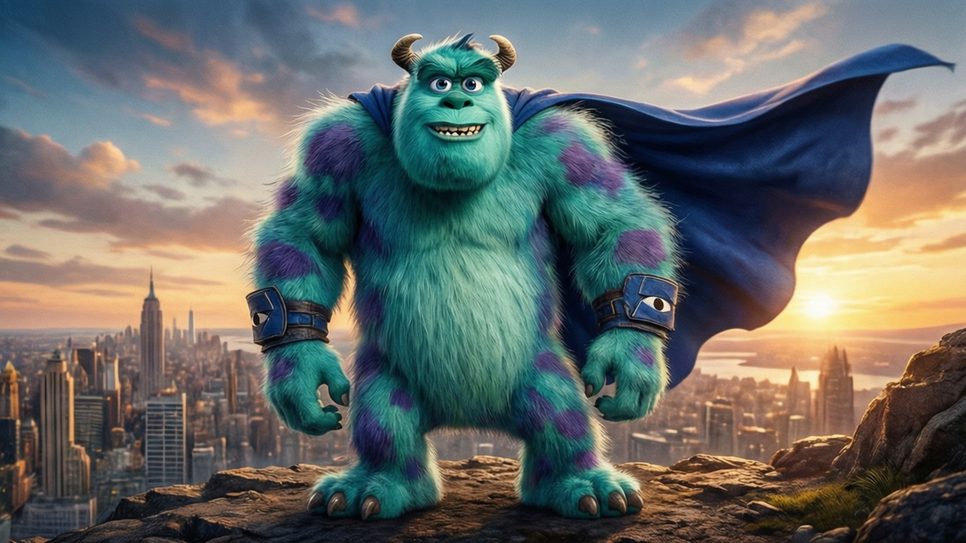 Heroic Sulley Overlook 壁紙 — 毛怪英雄地站在懸崖上，俯瞰日落時分的紐約市，身穿藍色斗篷和腕帶。