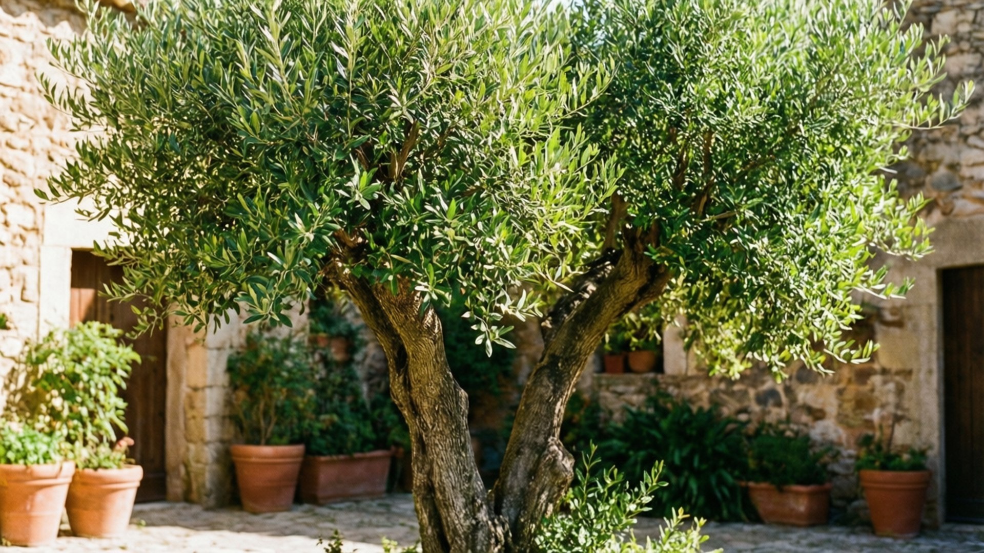 Mediterranean Garden Olive 壁紙 — 一棵茂密的橄欖樹，樹幹多節，綠葉鮮明，矗立在陽光普照的庭院中，四周環繞著石牆和陶土花盆。