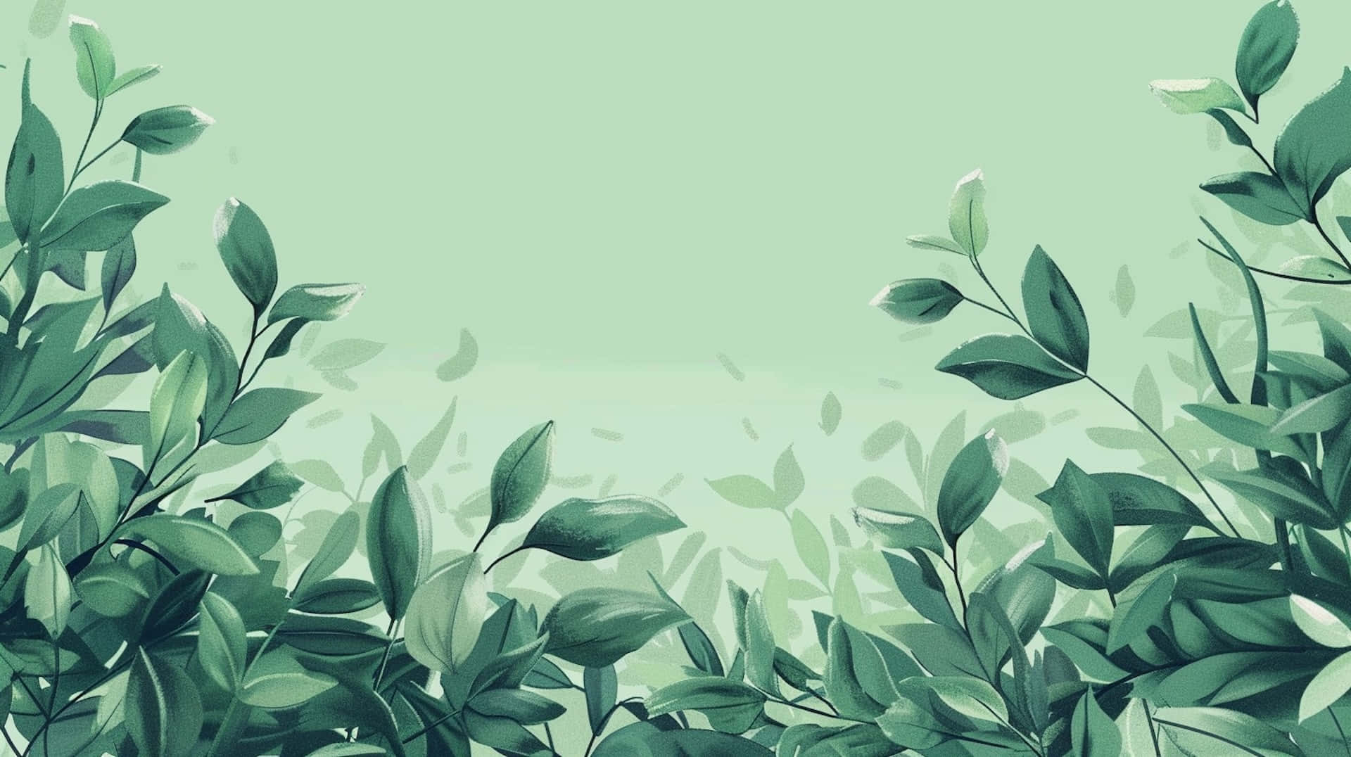  壁紙 — 茂密的綠色樹葉構成了柔和的薄荷色背景，散落的葉子在柔和的光線中飄動。