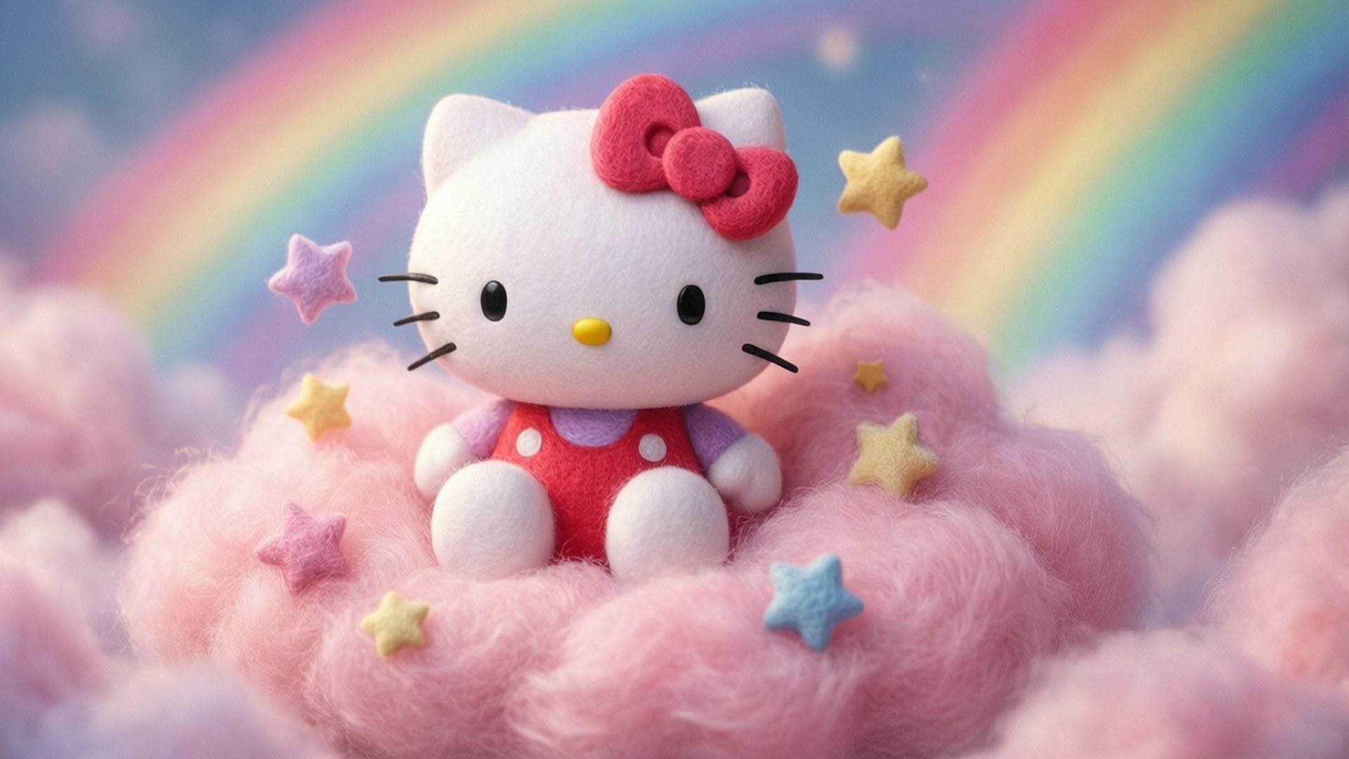 毛絨Hello Kitty在粉紅雲朵上，有彩虹和星星 — Hello Kitty 壁紙