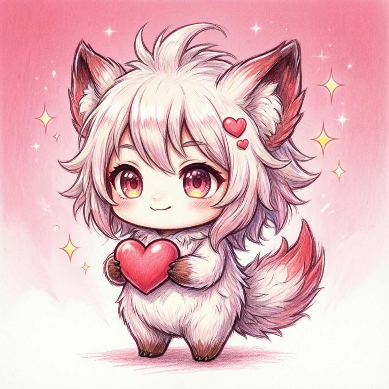 Chibi Axie Love 壁紙 — 一隻毛茸茸的白色和粉紅色毛皮的小狐狸，在閃閃發光的粉紅色背景上拿著一顆紅心。