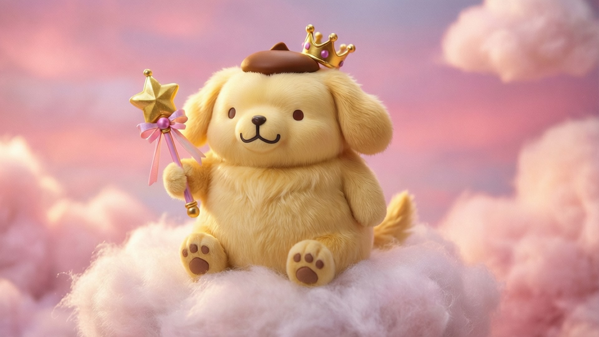 Cloud Nine Pompompurin 壁紙 — 一隻毛茸茸的金色小狗戴著皇冠，拿著星星魔杖，坐在粉紅色的雲朵上，背景是粉彩天空。