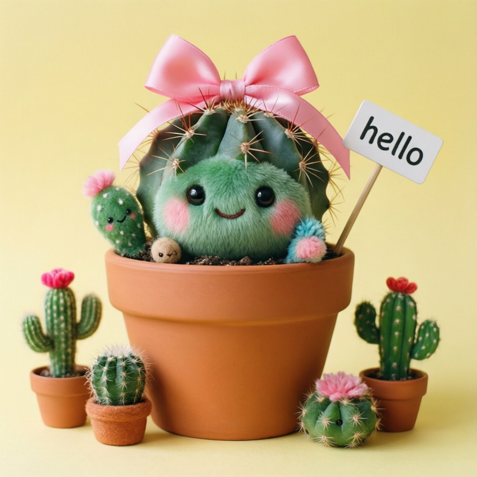 Cactus Hello 壁紙 — 一個毛茸茸的綠色仙人掌，帶有粉紅色蝴蝶結和你好標誌，坐在一個陶盆中，周圍環繞著較小的仙人掌，背景是淡黃色。