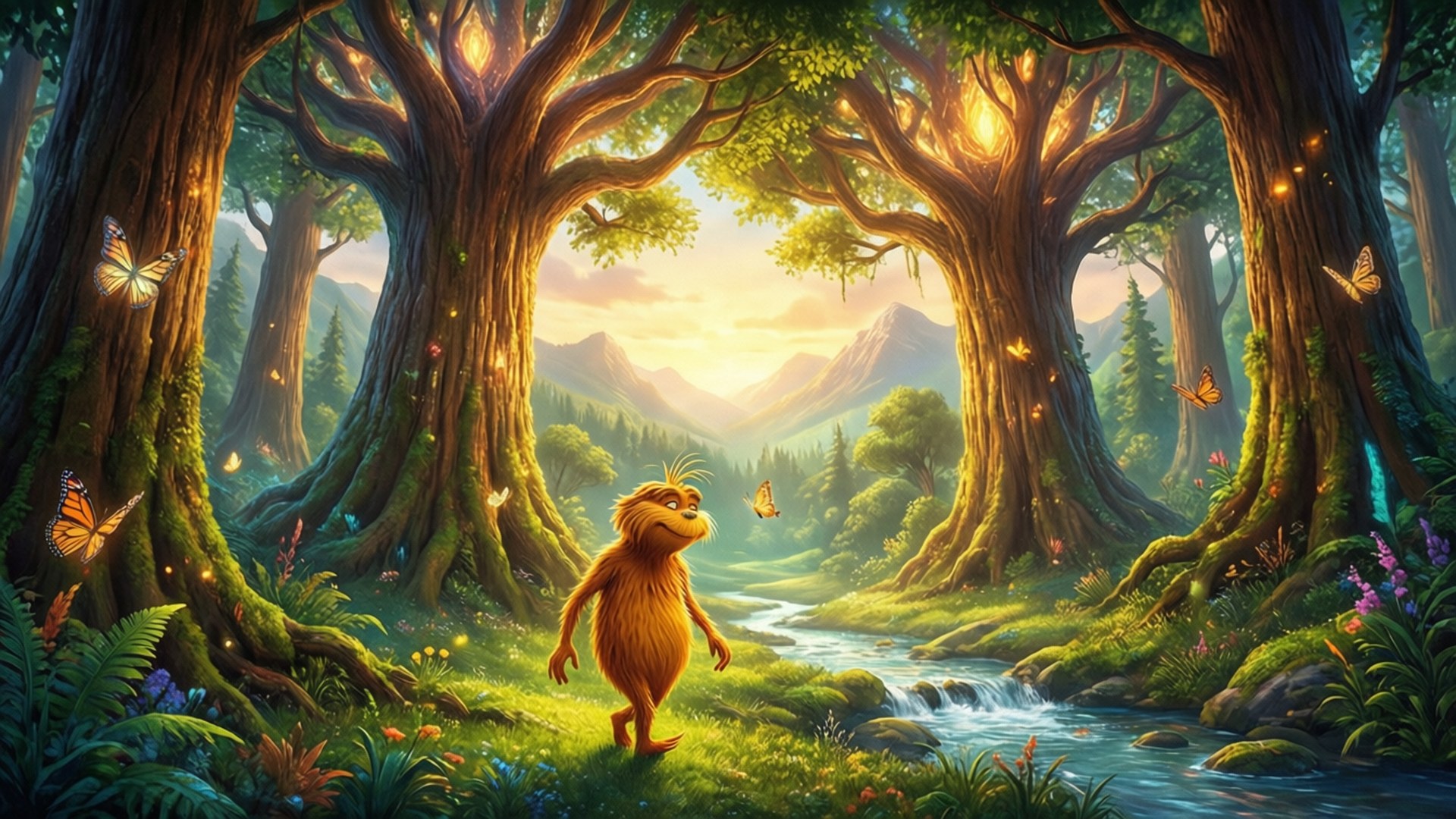 lorax 桌布 壁紙 — 一隻毛茸茸的生物在陽光明媚的魔法森林中行走，附近有發光的樹木和蝴蝶，旁邊是閃閃發光的小溪。