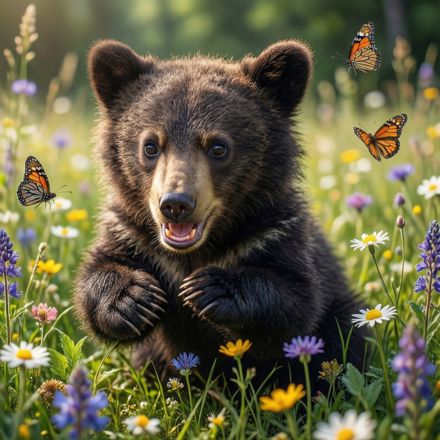 Playful Black Bear Cub 壁紙 — 一隻毛茸茸的棕色小熊在陽光明媚的草地上玩耍，草地上開滿了五顏六色的野花，還有翩翩起舞的帝王蝶。