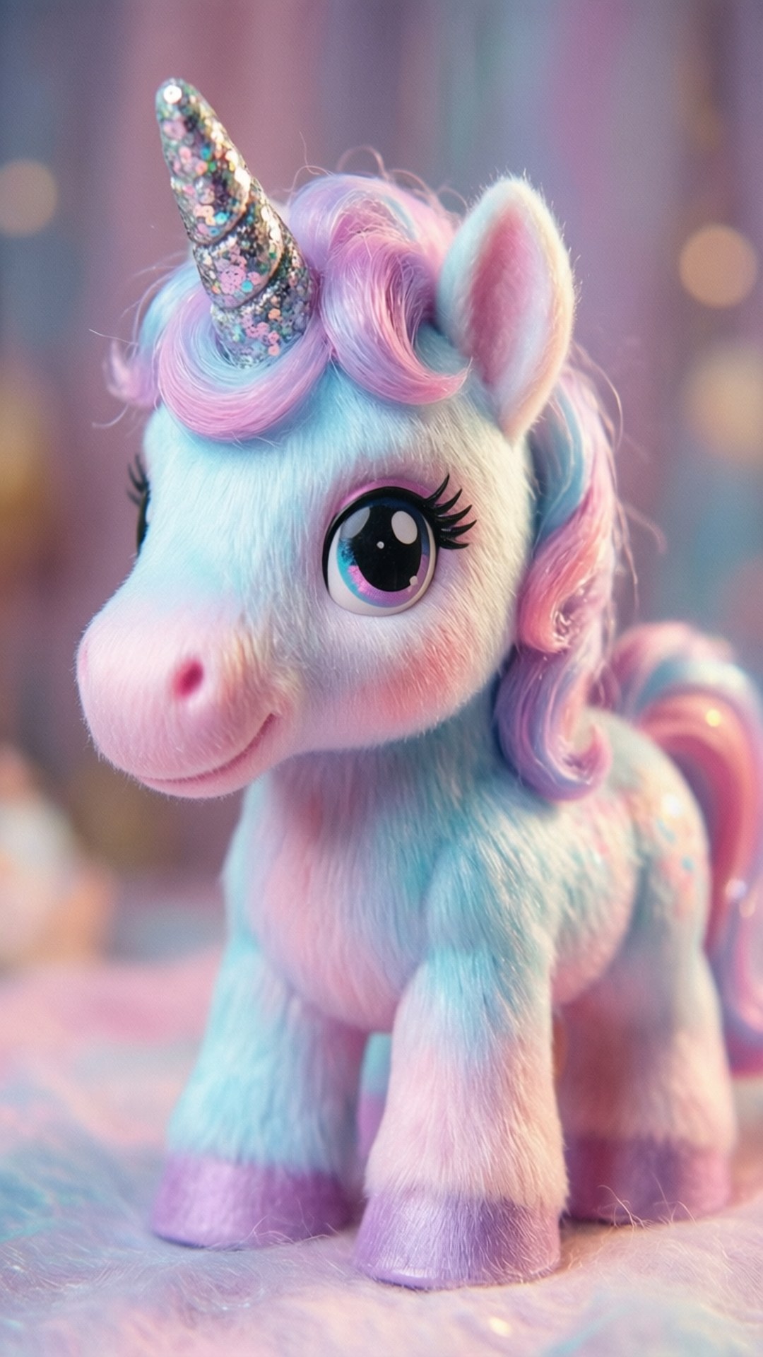 Pastel Unicorn Toy 壁紙 — 一個毛茸茸的粉彩獨角獸玩具，帶有閃閃發光的角和大眼睛，站在柔軟的粉紅色表面上，背景是夢幻的散景。