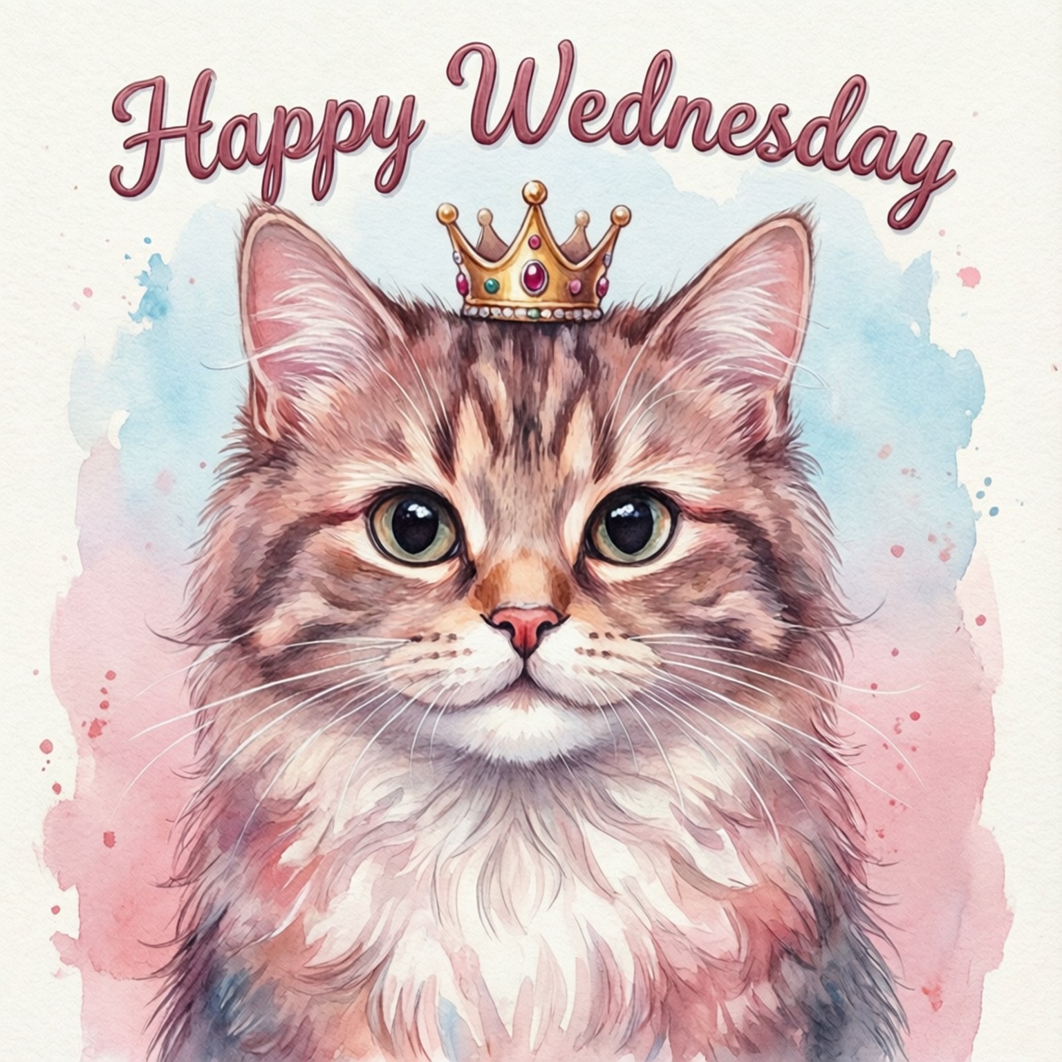 Cute Cat Wednesday 壁紙 — 一隻毛茸茸的虎斑貓戴著鑲有寶石的王冠，背景是柔和的水彩畫，並帶有「Happy Wednesday」文字。