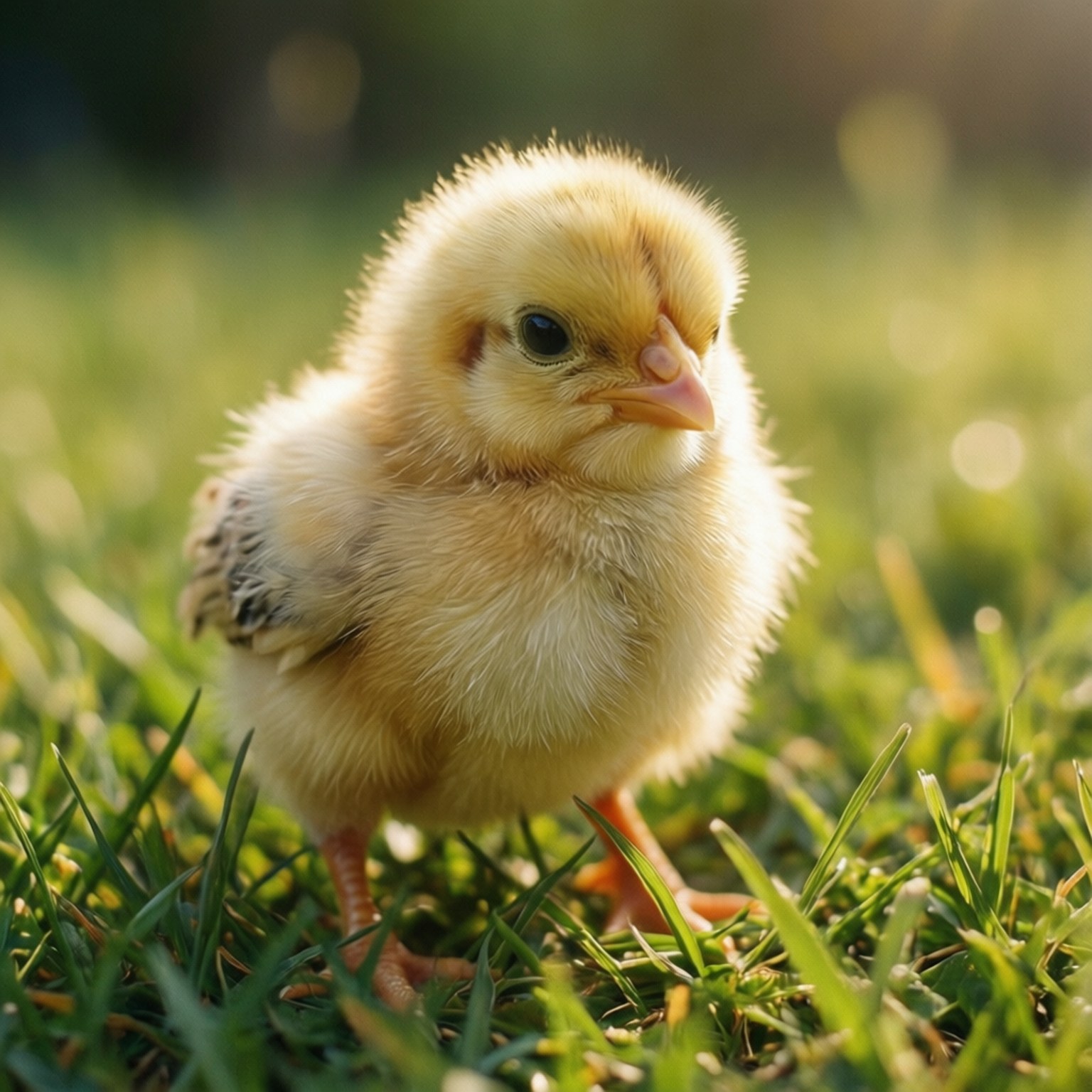 Cute Yellow Chick 壁紙 — 一隻毛茸茸的黃色小雞站在沐浴在溫暖金色陽光下的鮮綠色草地上。