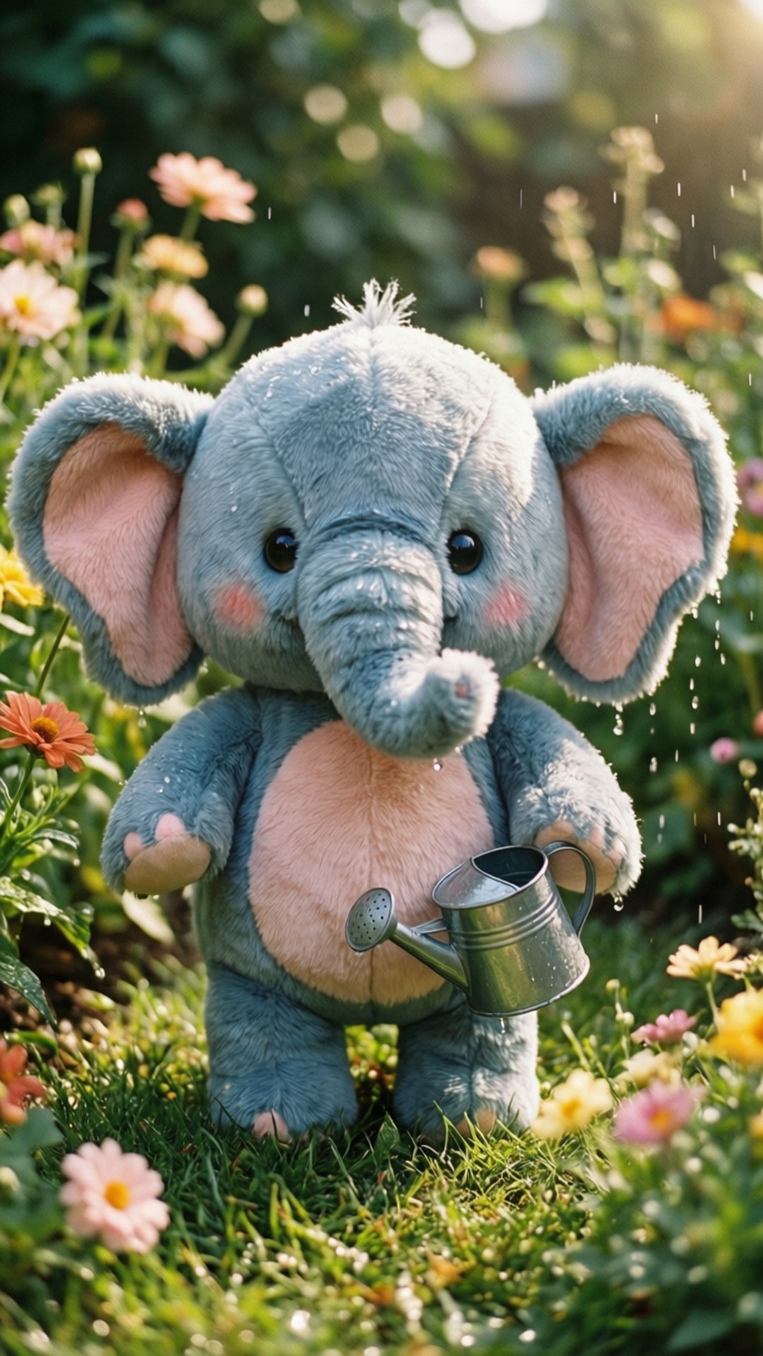 Gardening Elephant 壁紙 — 一隻毛茸茸的灰色大象絨毛玩具，粉紅色的內耳和肚子，拿著一個金屬澆水壺，在陽光明媚的花園中向色彩繽紛的花朵灑水。
