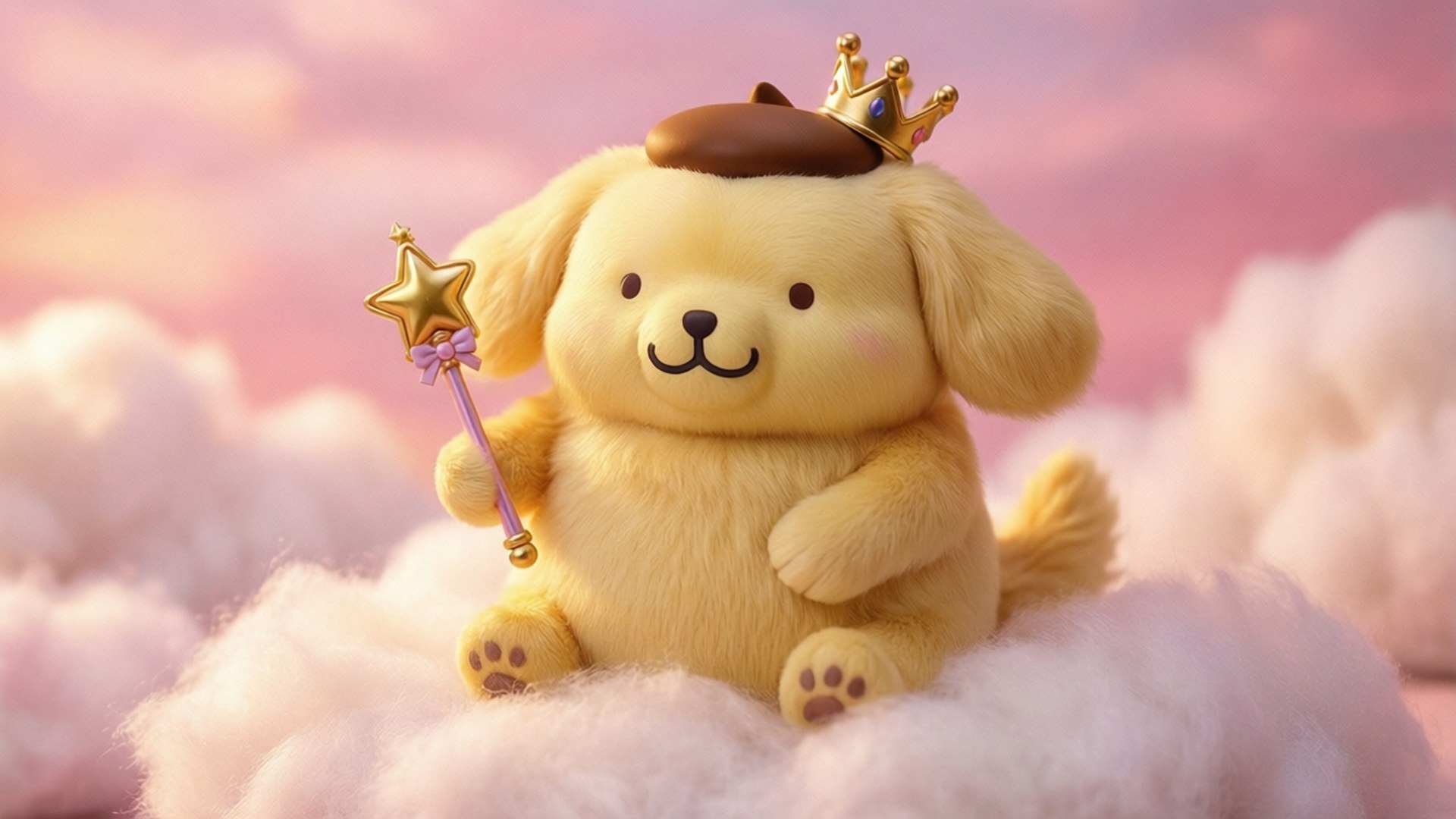 Cloud Nine Pompompurin 壁紙 — 一隻毛茸茸的金色小狗戴著巧克力帽子和金色皇冠，威嚴地坐在粉紅色的雲上，手持頂端有星星的魔杖。