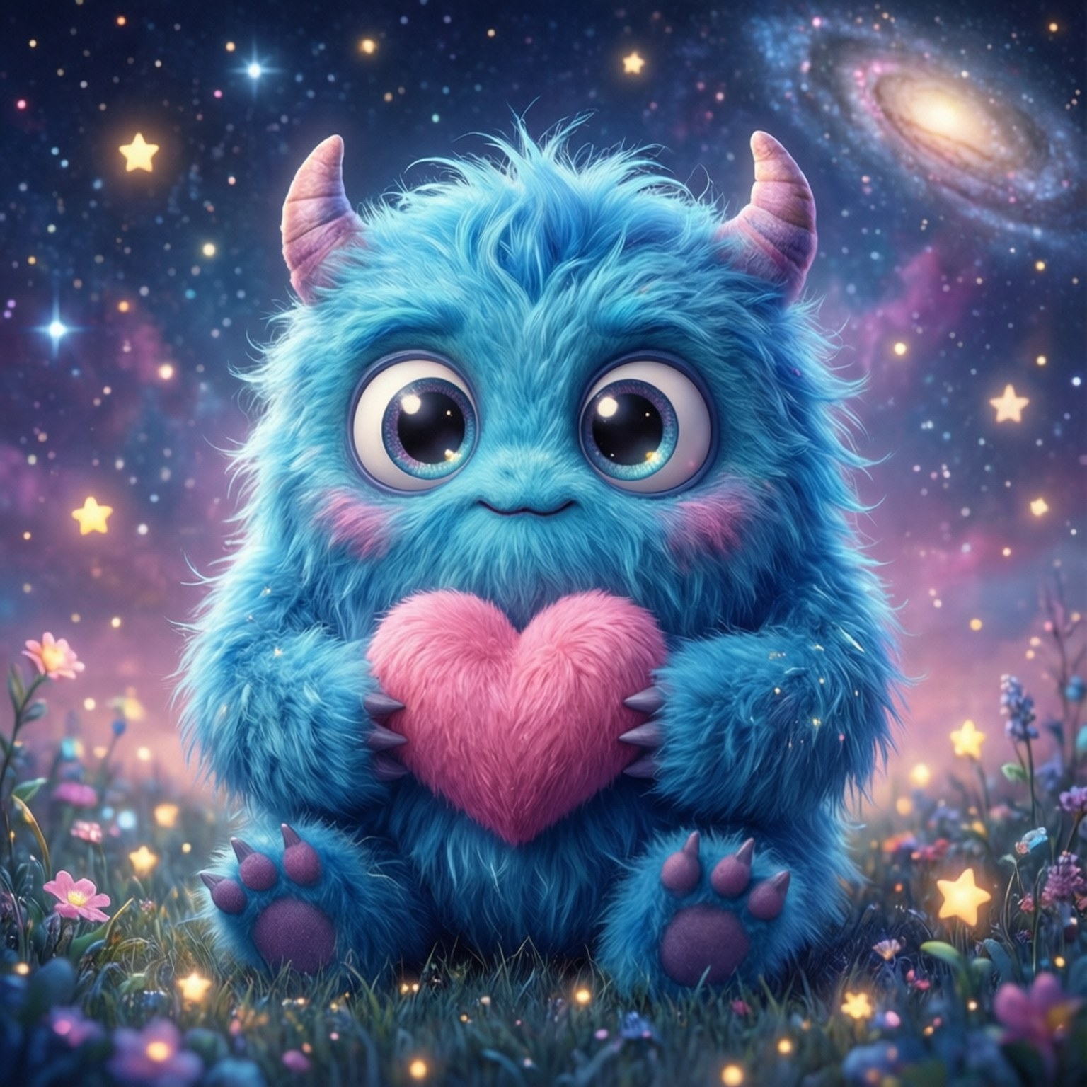 Fluffy Monster Heart 壁紙 — 一隻毛茸茸的藍色小怪獸，頭上有小角，坐在星空田野中，手持粉紅心形，背景是宇宙。