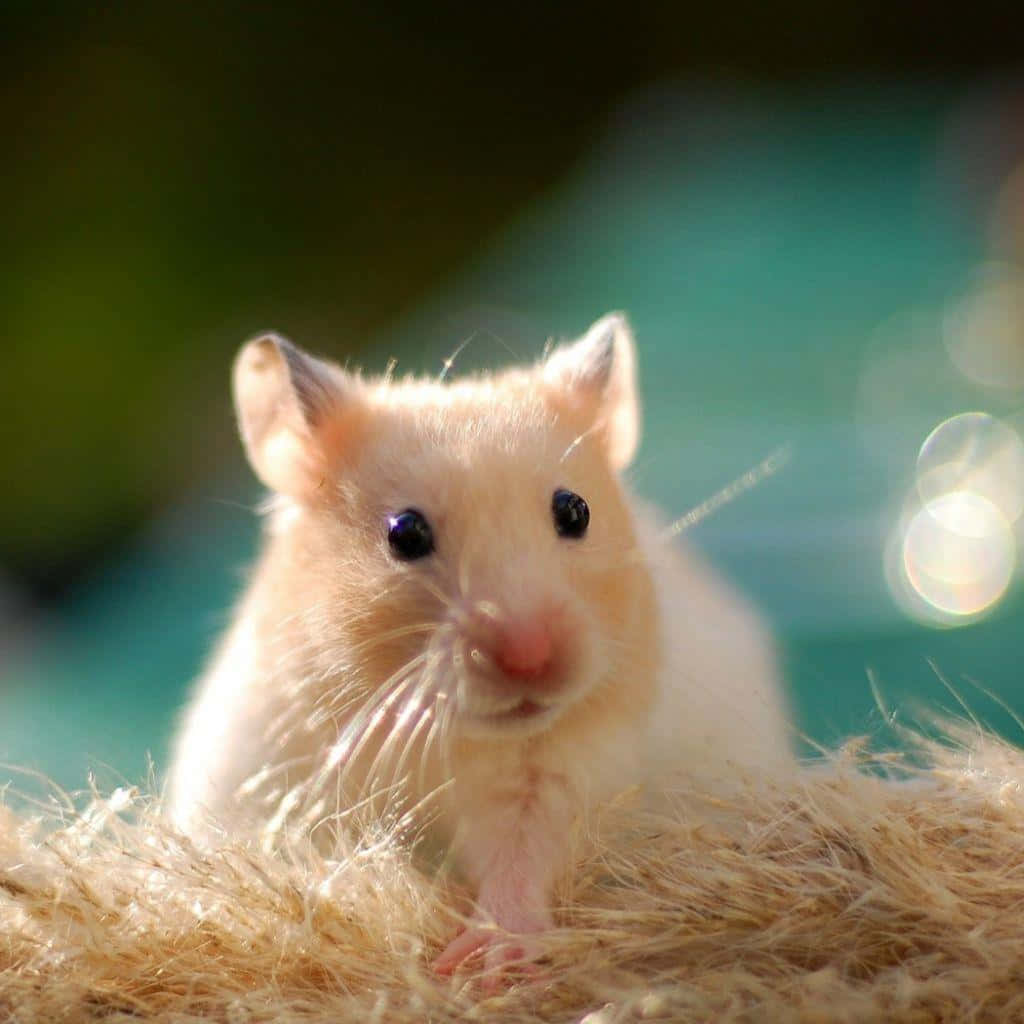 Gerbil 桌布 壁紙 — 一隻毛茸茸的奶油色倉鼠，深色眼睛，好奇地從金色乾草堆上探出頭來，背景是柔和的青綠色散景。