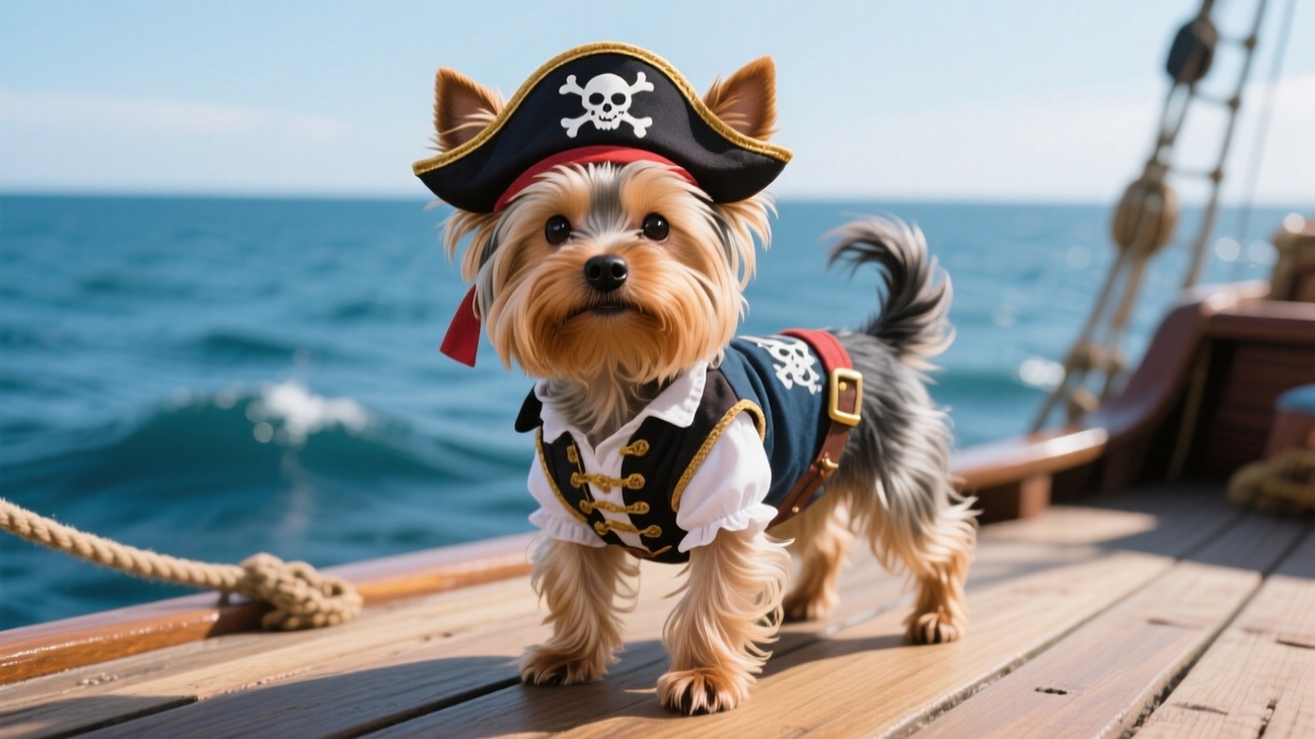 Pirate Yorkie 壁紙 — 一隻毛茸茸的小狗打扮成海盜，站在木製船甲板上，背景是海浪。