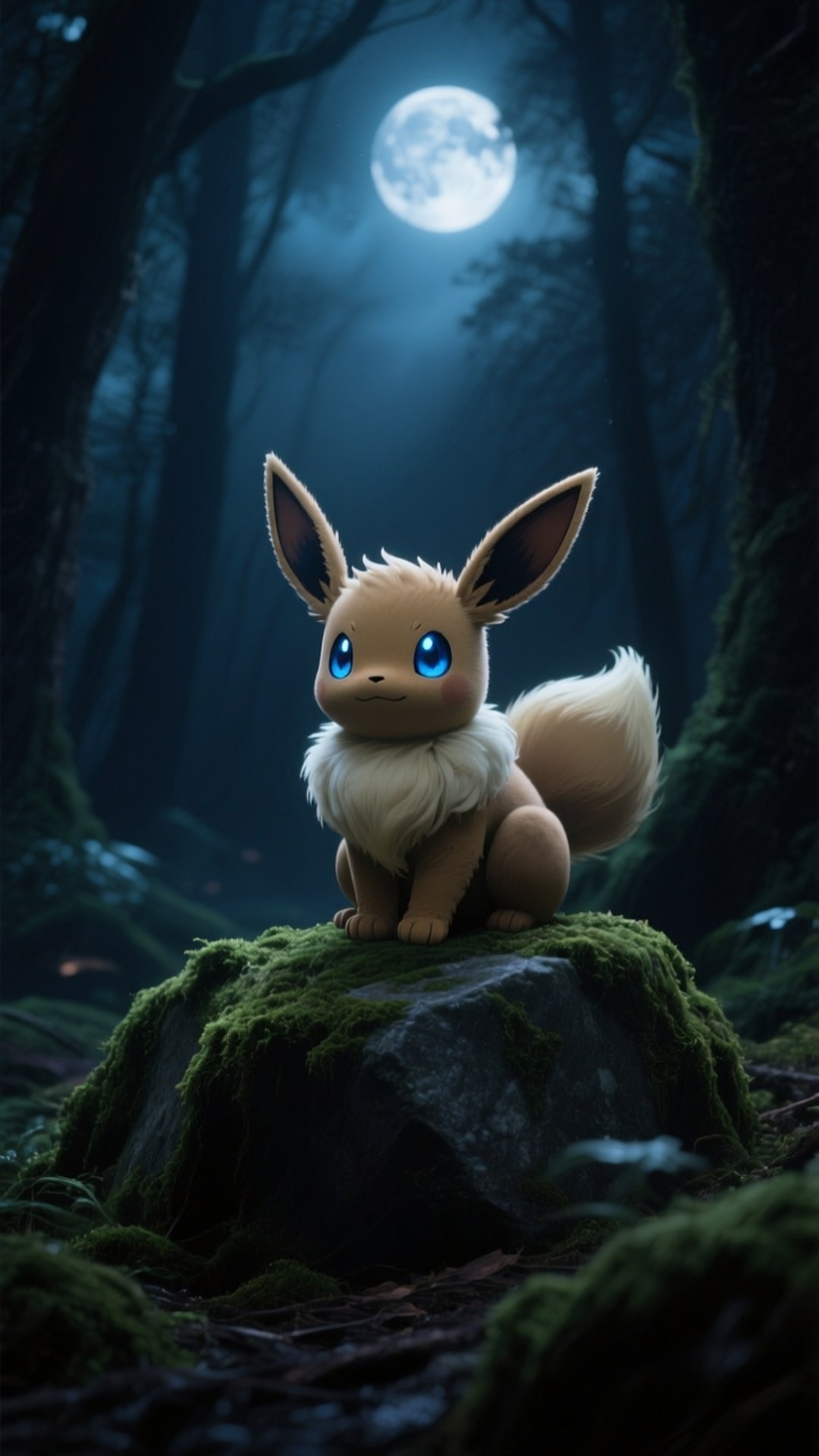 Mystical Eevee in Forest 壁紙 — 一隻毛茸茸的伊布，發著藍光的眼睛，坐在霧氣森林中滿月下的苔蘚岩石上。